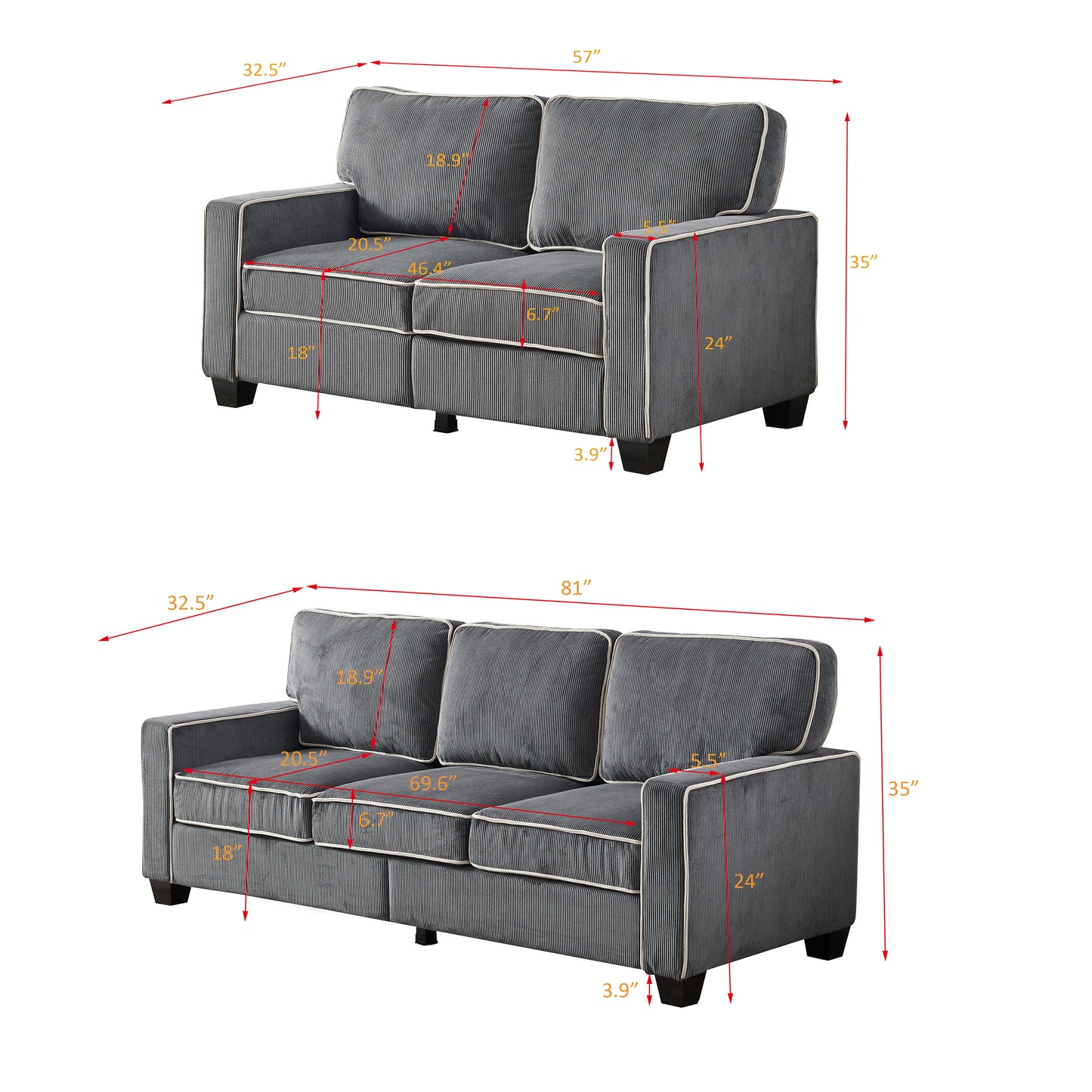 Living Room Sofa set 2+3 seat Dark Grey Corduroy