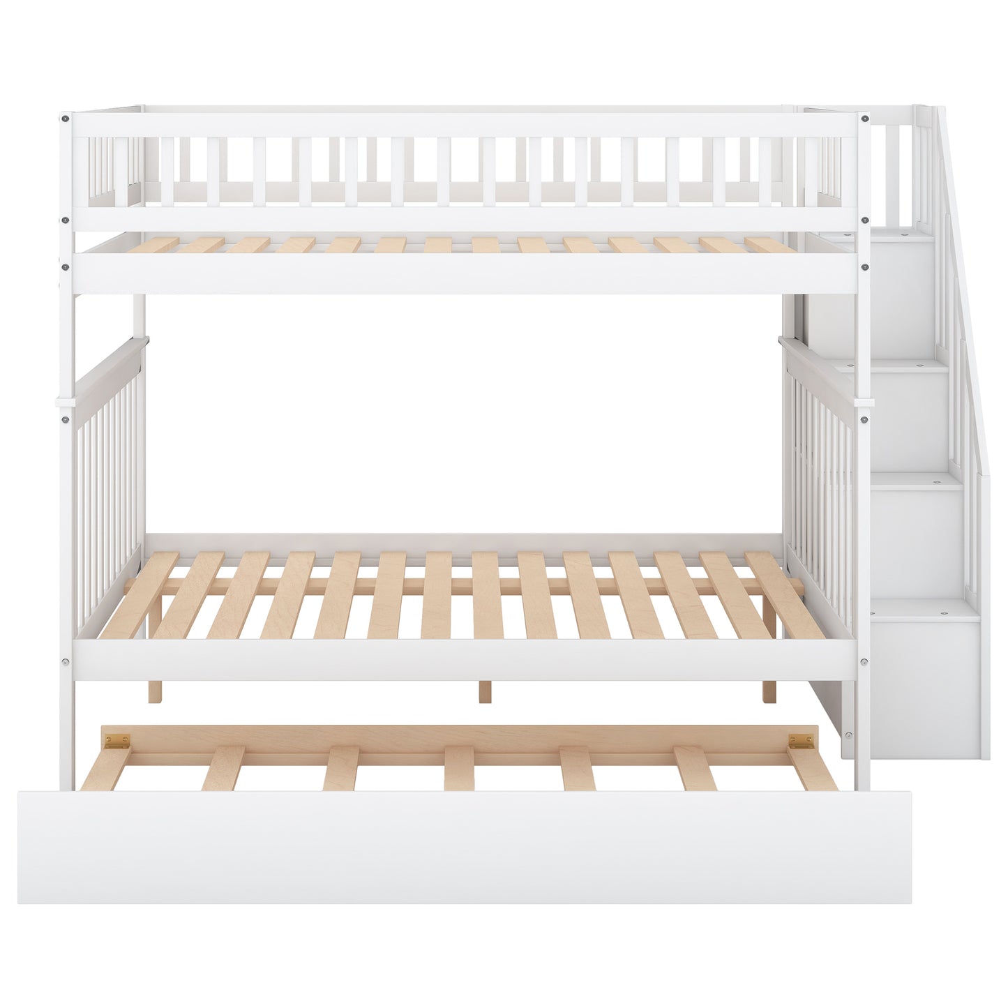 White Full over Full Bunk Bed with Trundle, Staircase, and Storage - Space-Saving Full Bunk Bed with Trundle