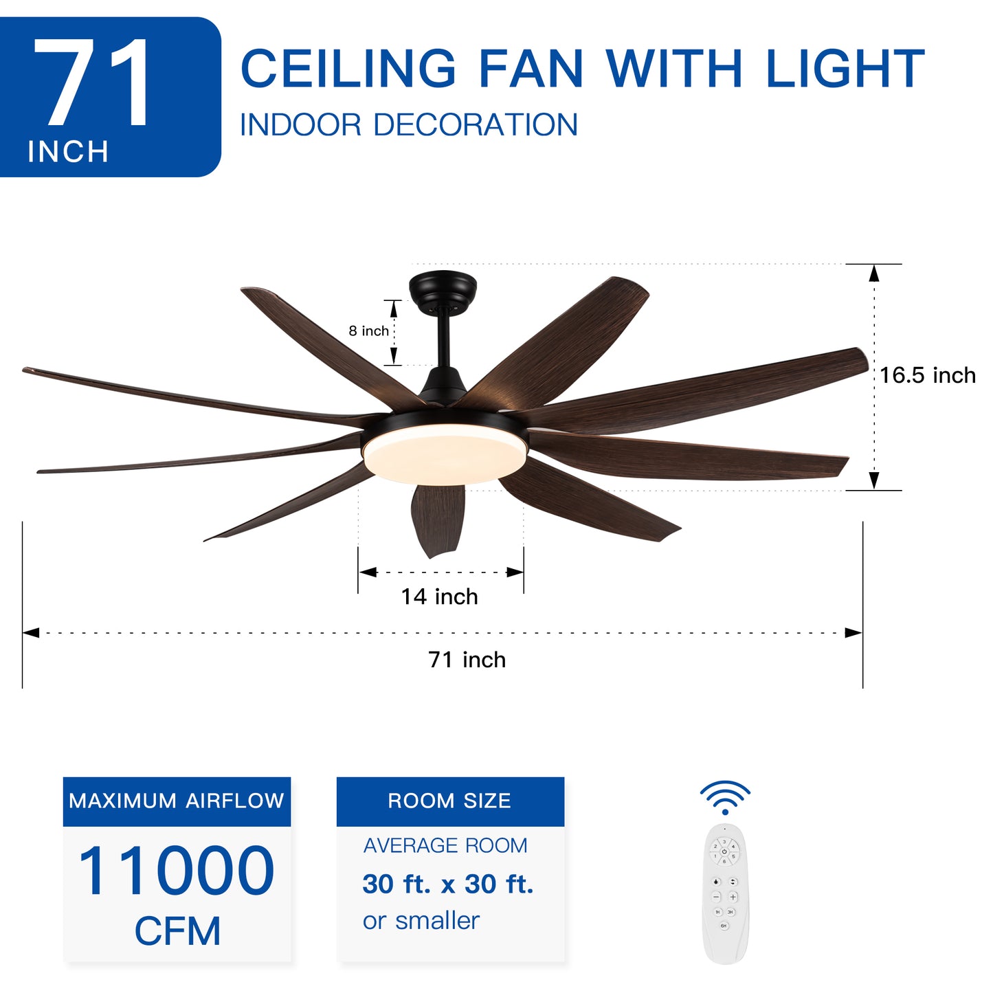 71 Rustic Integrated LED Ceiling Fan with 9 Solid Wood Blades