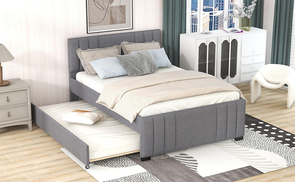 Full Upholstered Platform Bed with Trundle,Grey