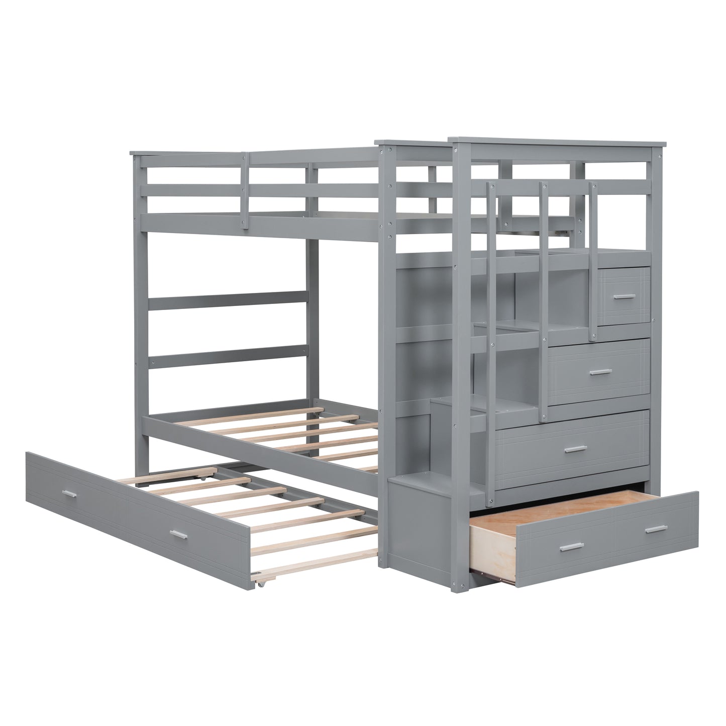 Gray Twin Bunk Bed with Trundle Staircase