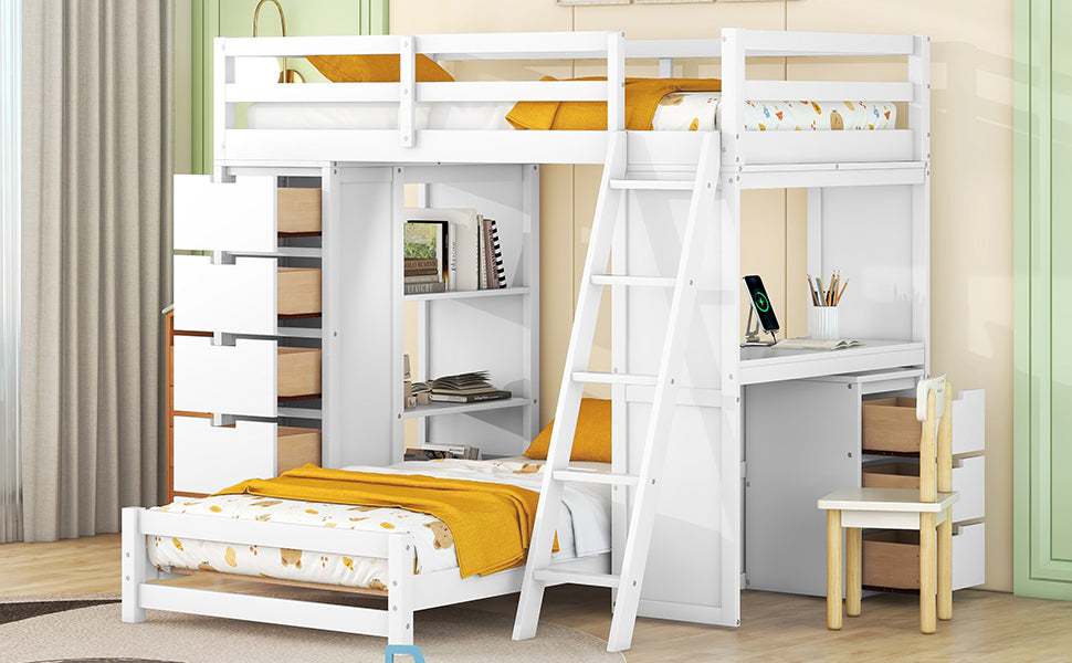 White Twin Bunk Bed with LED Light, USB Ports, and Storage Options