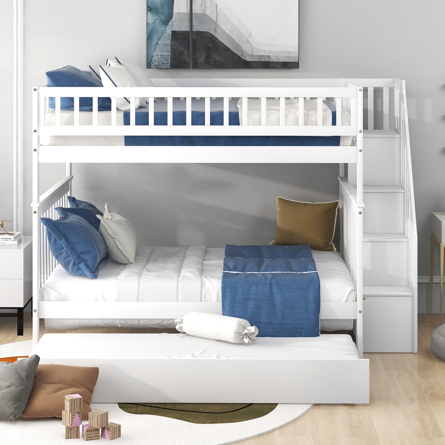 White Full over Full Bunk Bed with Trundle, Staircase, and Storage - Space-Saving Full Bunk Bed with Trundle