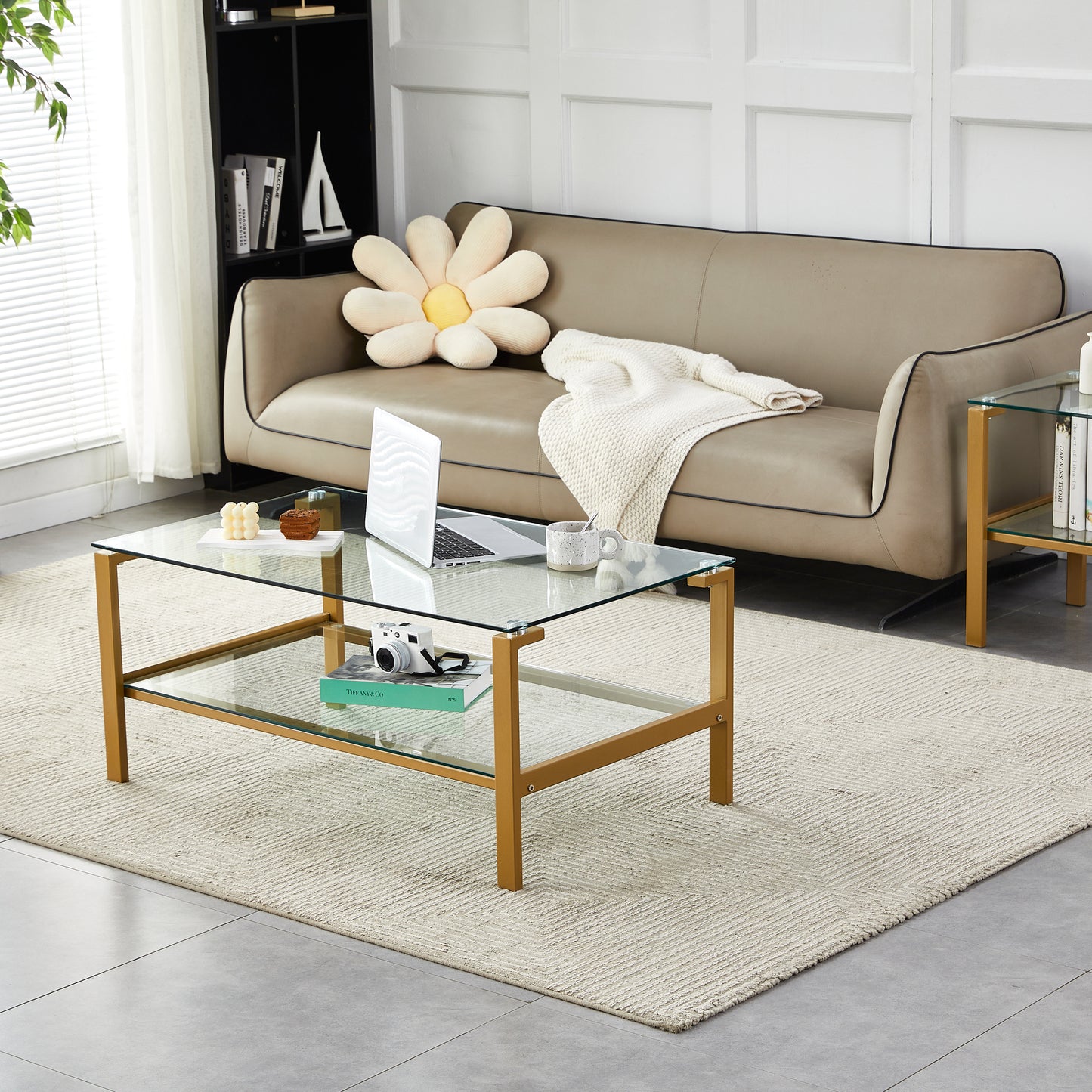 Golden Leg Clear Glass Coffee Table with Two Layers Storage Space