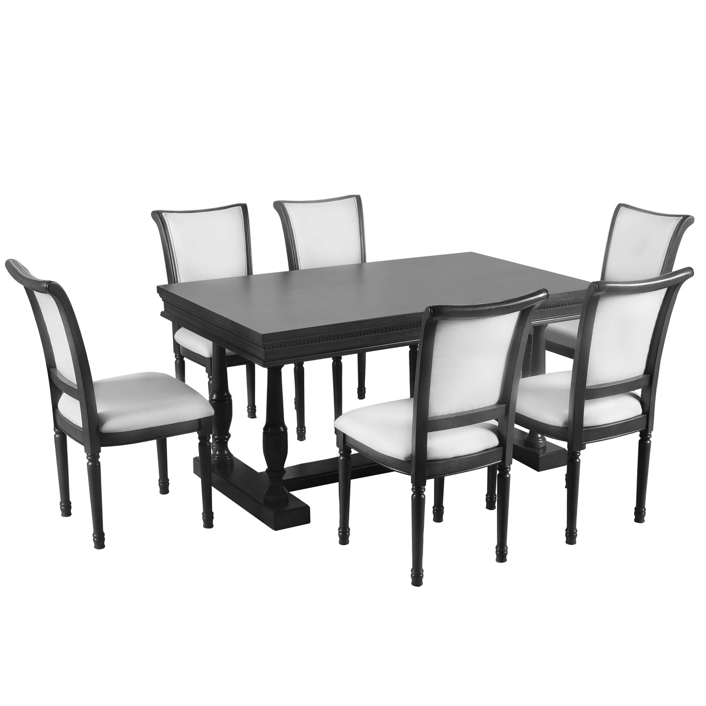 TREXM 7-Piece Dining Table with 4 Trestle Base and 6 Upholstered Chairs with Slightly Curve and Ergonomic Seat Back (Black)