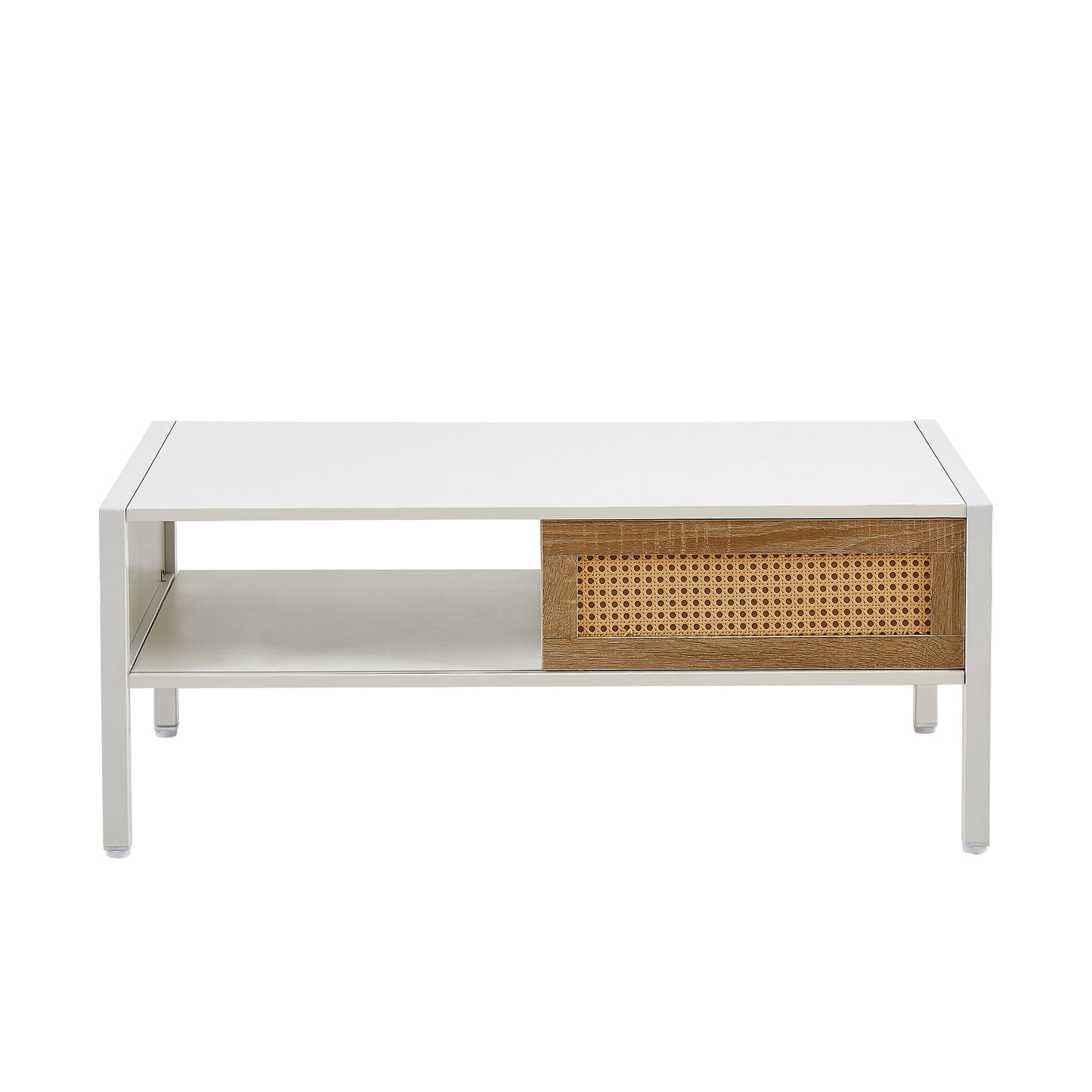 Modern White Rattan Coffee Table with Sliding Door Storage