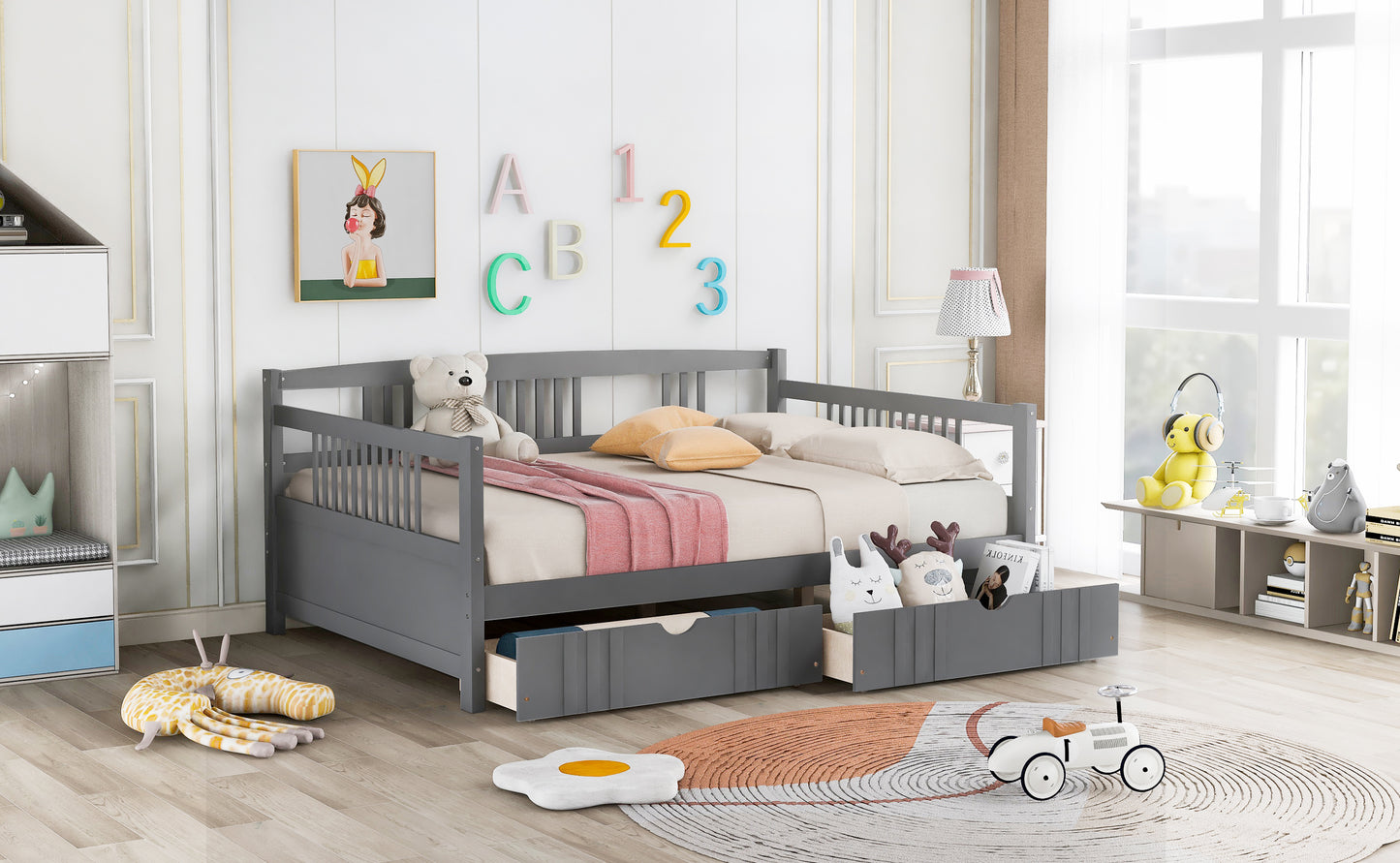 Full Size Daybed Wood Bed with Two Drawers,Gray