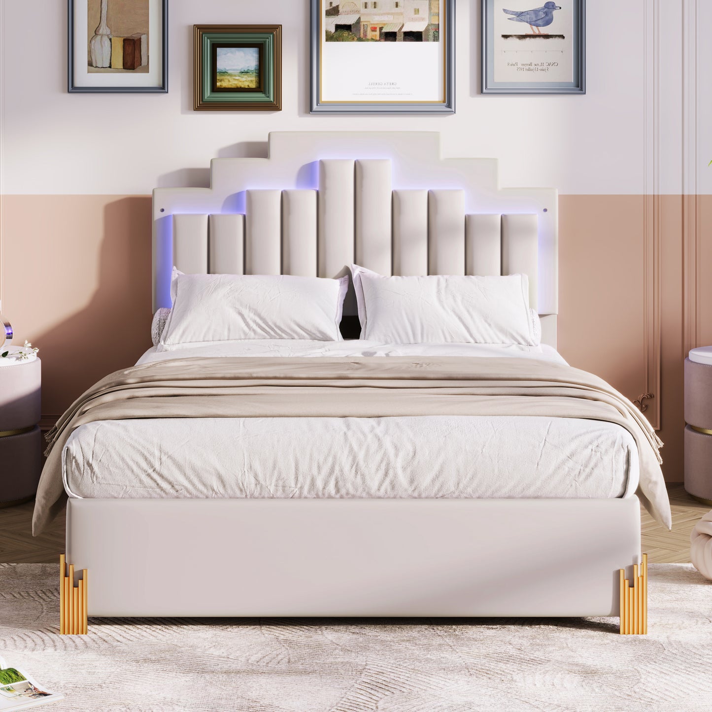 Full Size Upholstered Platform Bed with LED Lights and 4 Drawers, Stylish Irregular Metal Bed Legs Design, Beige