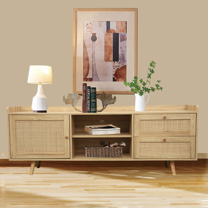 Elegant Mid Century Boho TV Stand with Rattan-Decorated Doors, Versatile Storage, and Modern Design - Wooden Media Console Table with Drawers