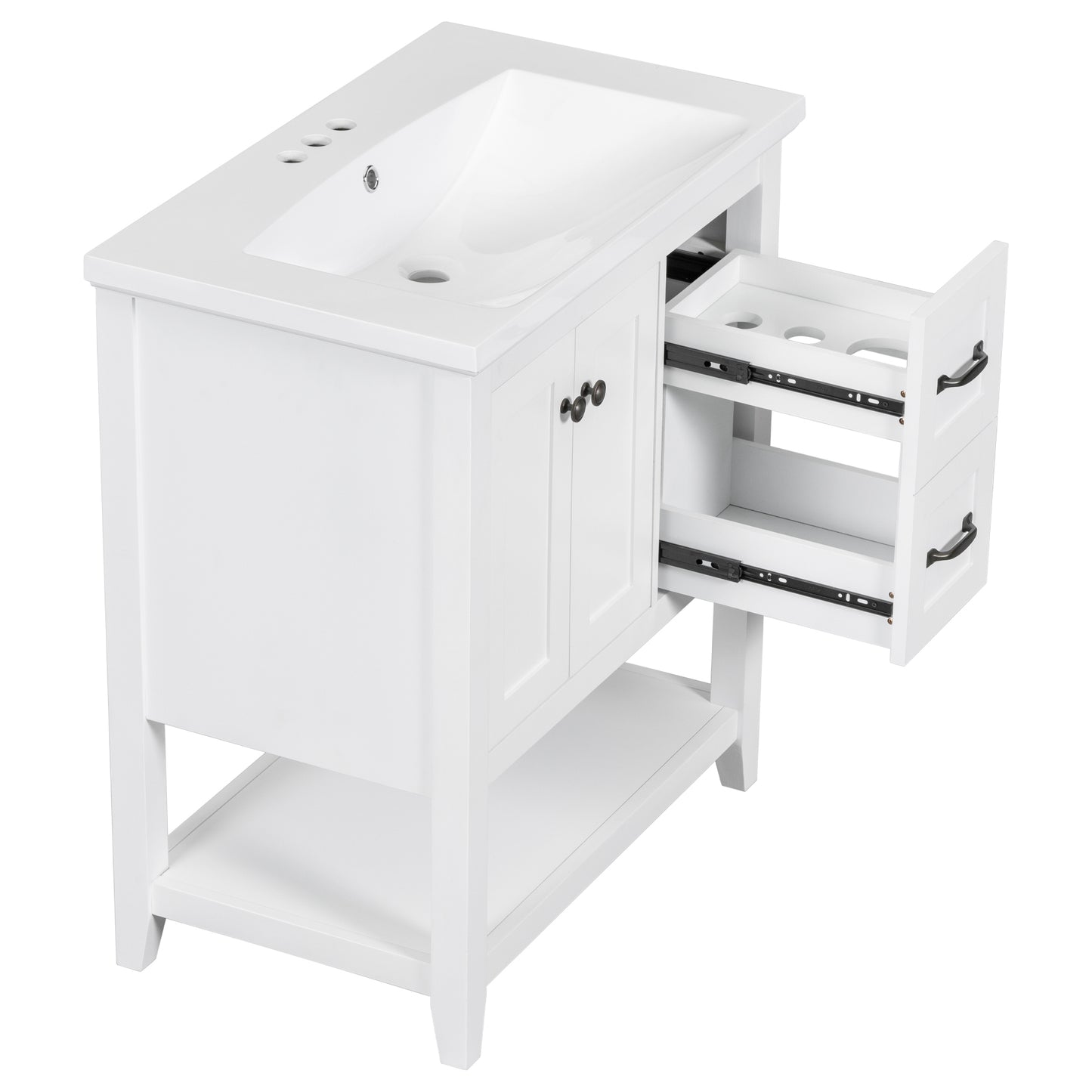 30" Bathroom Vanity with Ceramic Sink Top, Vanity Cabinet with Multi-Functional Drawer, Solid Wood Legs, White