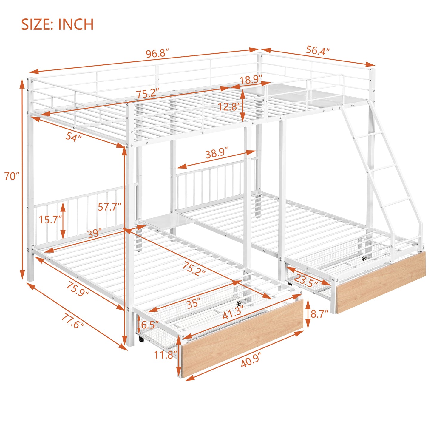 Triple Bunk Bed with Storage Drawers and Guardrails, Full Bed Over Twin & Twin