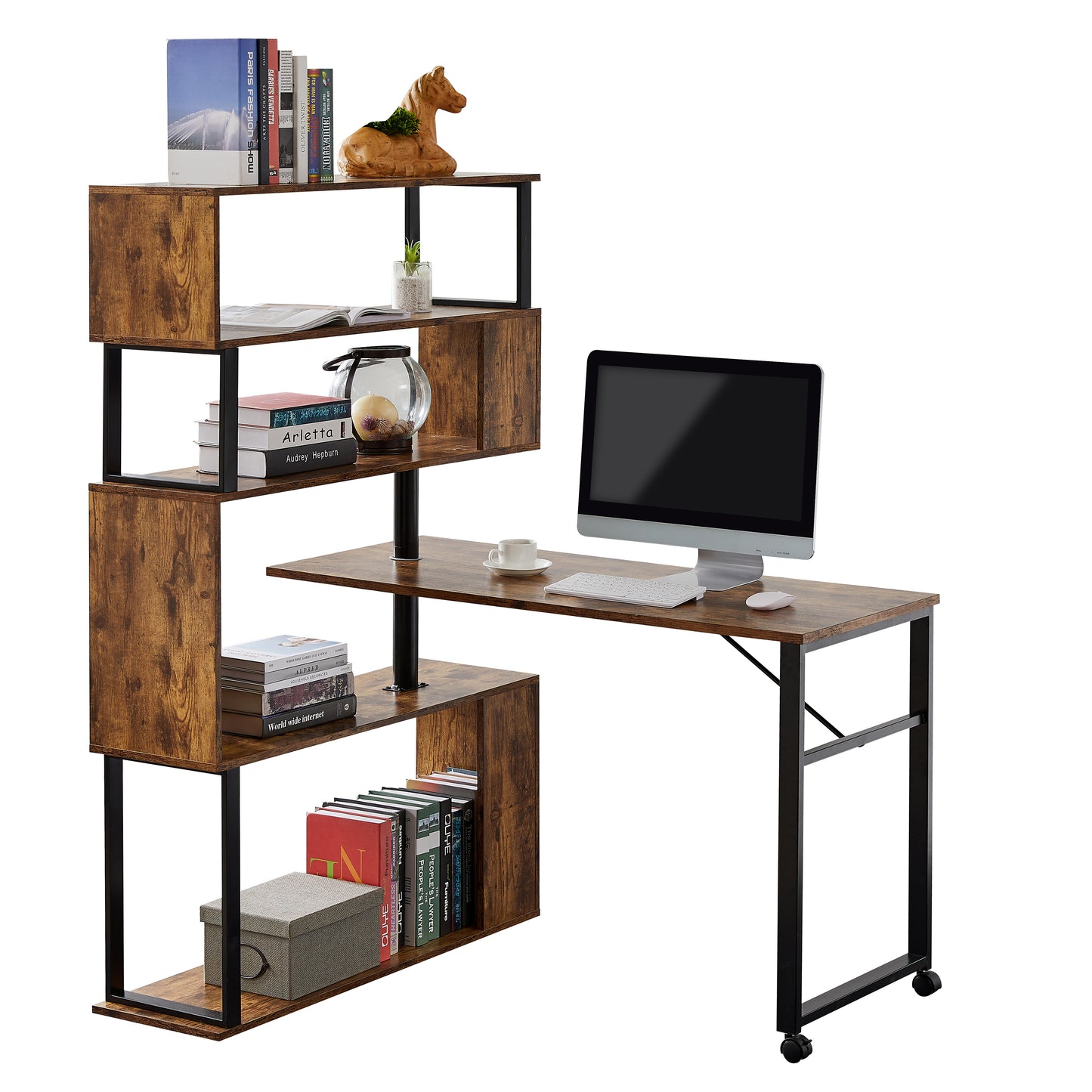 Modern L-Shaped Computer Desk with Rotating Bookshelf - Brown Tiger Wood