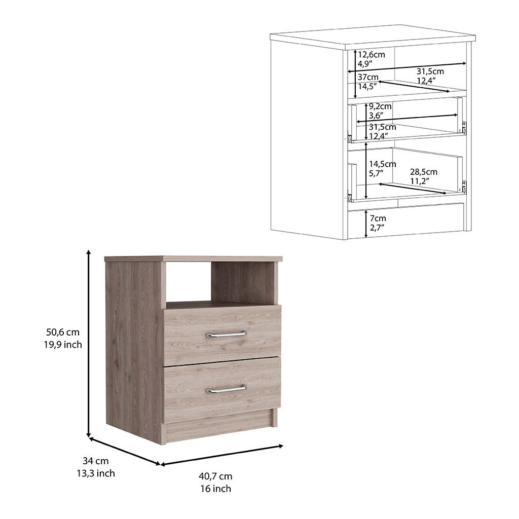 Nightstand Olienza, Two Drawers, One Shelf, Light Gray Finish