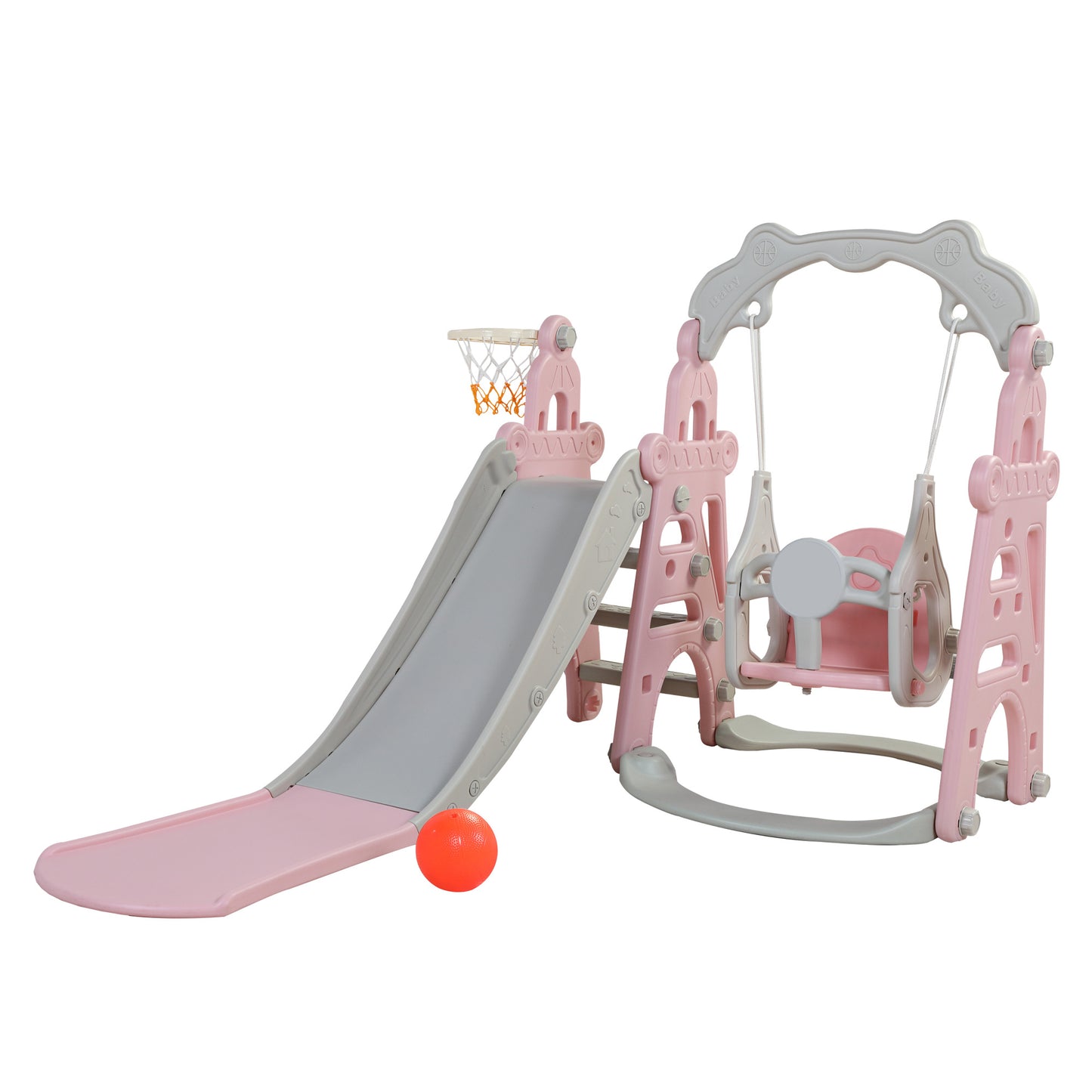 3-in-1 Kids Slide and Swing Set with Basketball Hoop, Indoor and Outdoor Activity Center in Pink and Gray