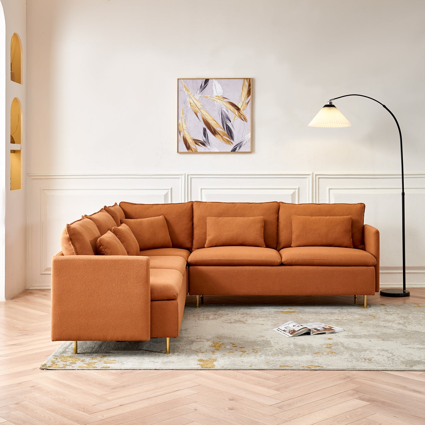 Modern Orange L-Shaped Sectional Sofa with Support Pillows