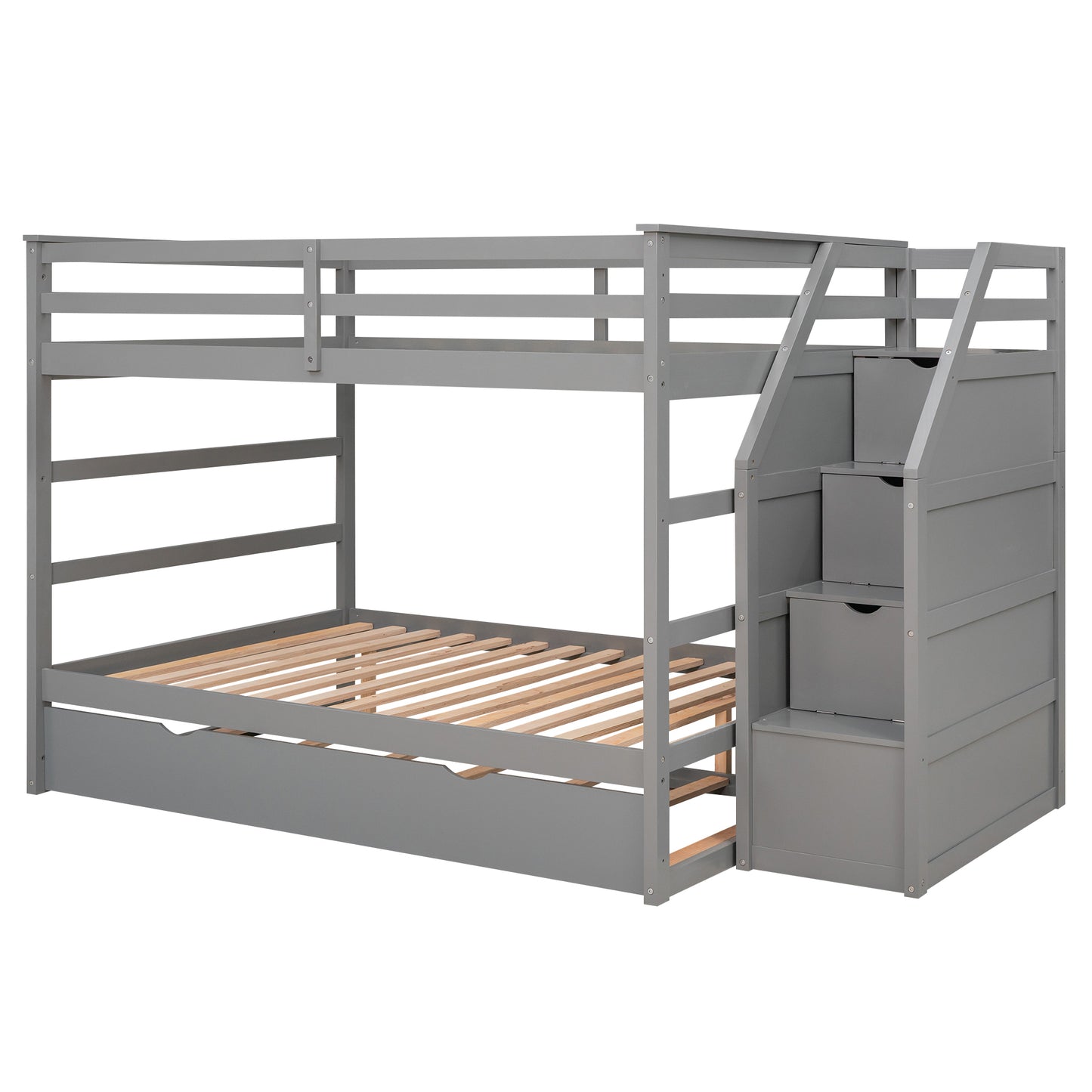 Gray Full Bunk Bed with Trundle and 3 Storage Stairs