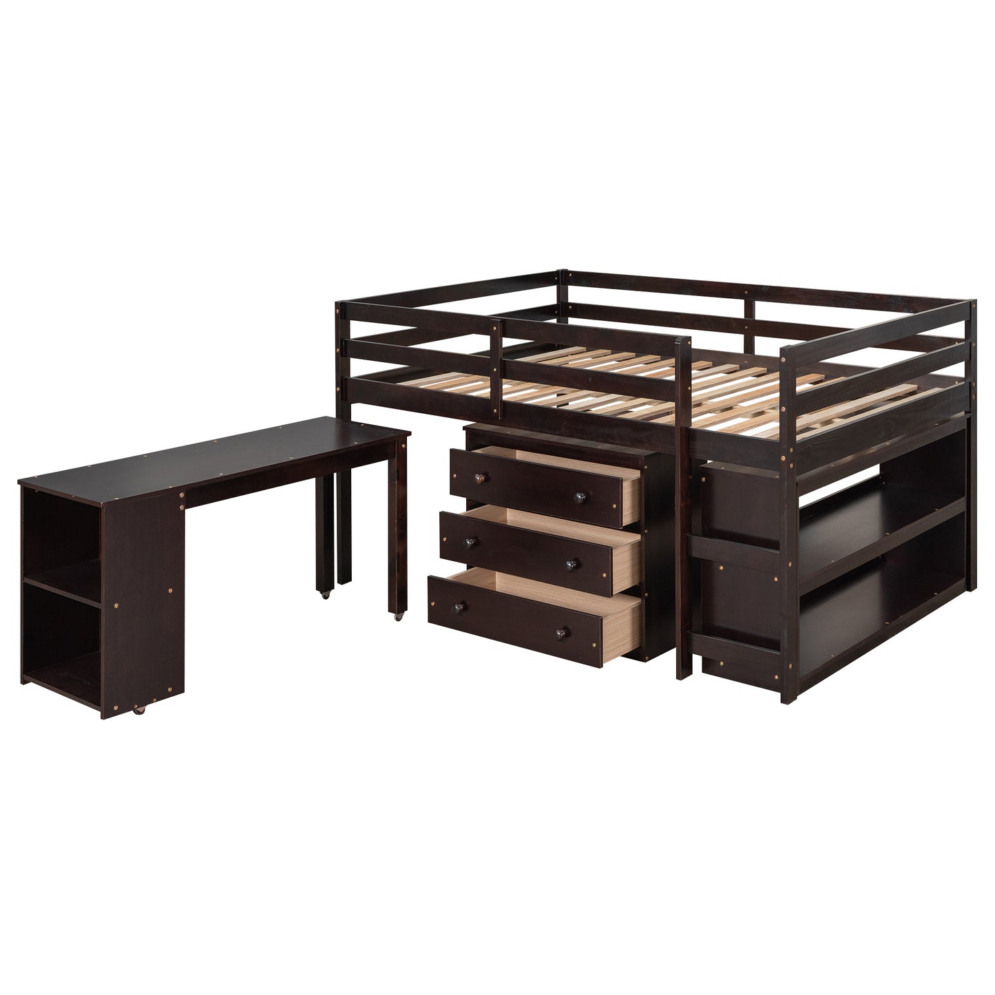 Low Study Full Loft Bed with Cabinet ,Shelves and Rolling Portable Desk ,Multiple Functions Bed- Espresso