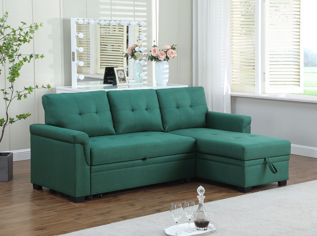 Lucca Emerald Linen Reversible Sleeper Sectional Sofa with Storage Chaise