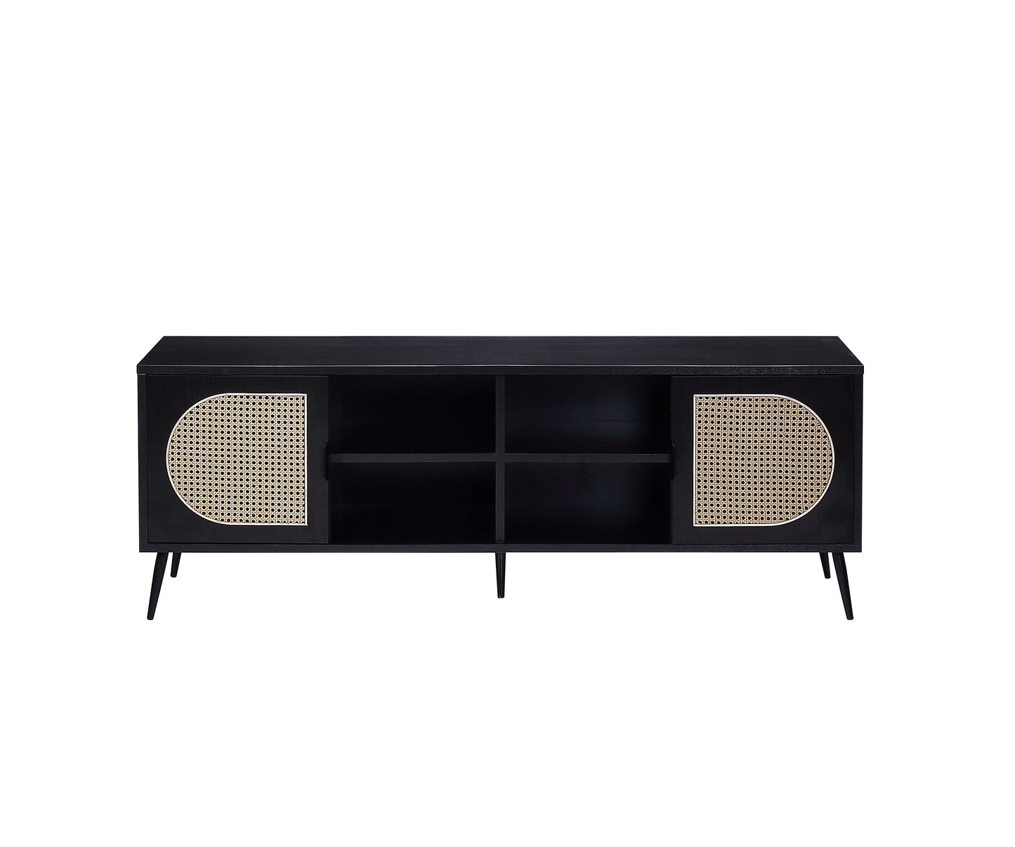 Colson TV Stand in Black - Modern Media Console with Rattan Door Front Inserts