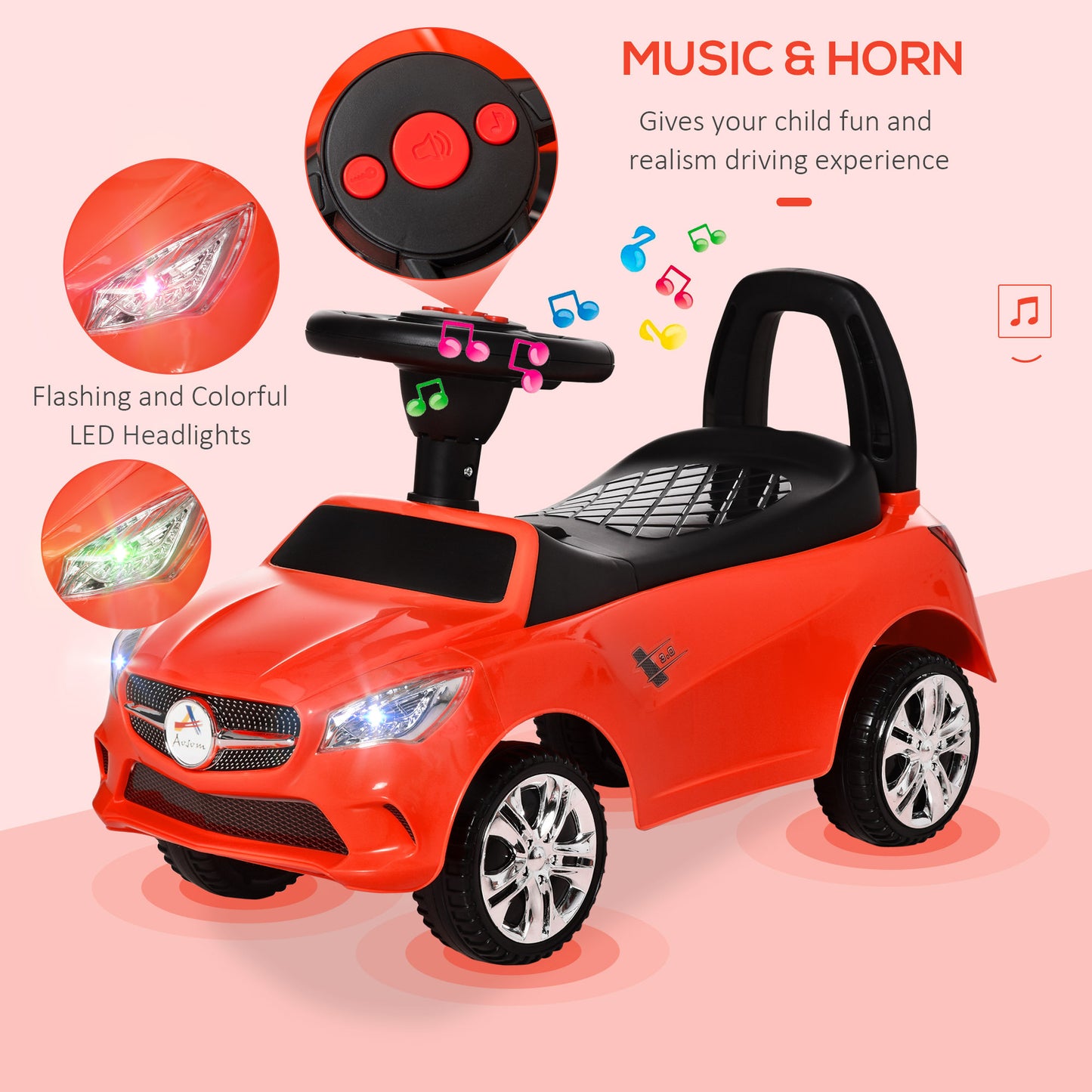 Toddler Ride-On Push Car with Music, Lights, and Storage, Red