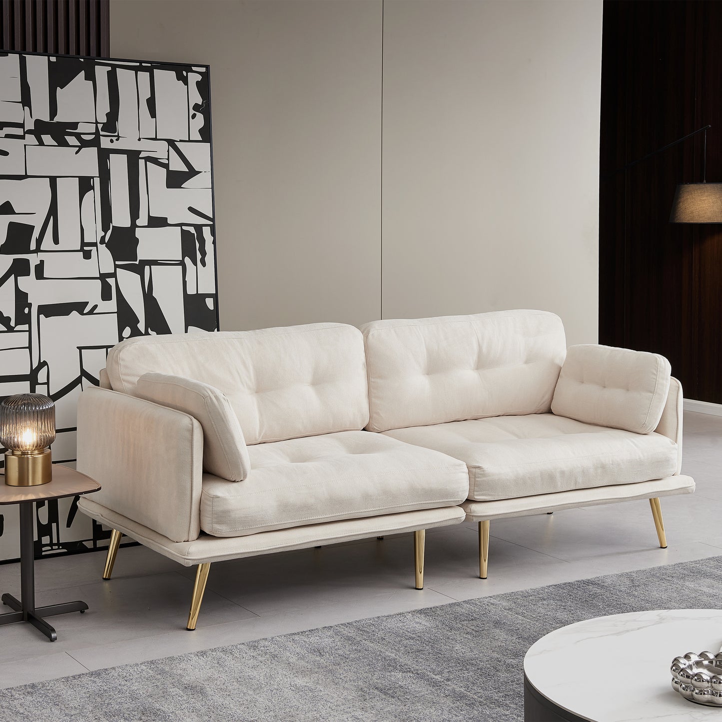 Beige 3-Seat Sofa with Gold Metal Legs and Cotton Linen Fabric