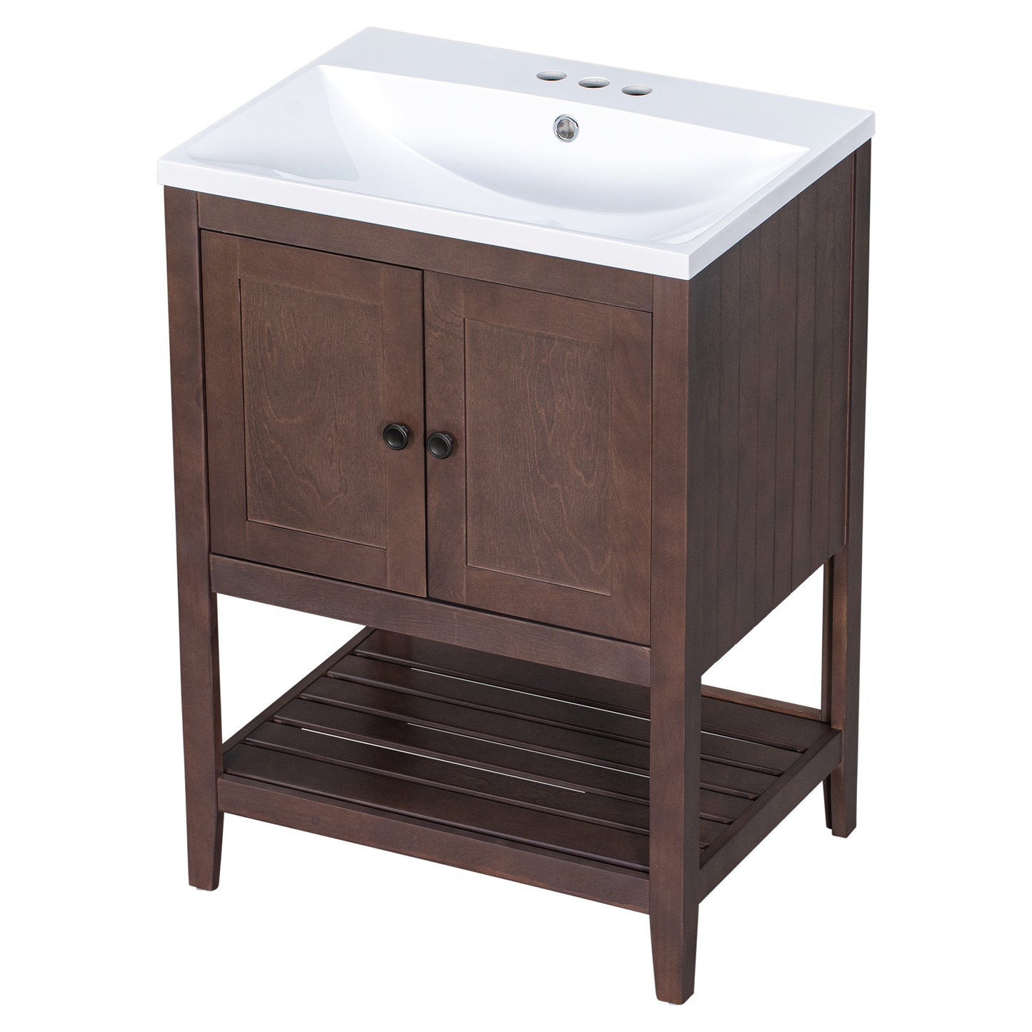 24" Brown Modern Sleek Bathroom Vanity Elegant Ceramic Sink with Solid Wood Frame Open Style Shelf