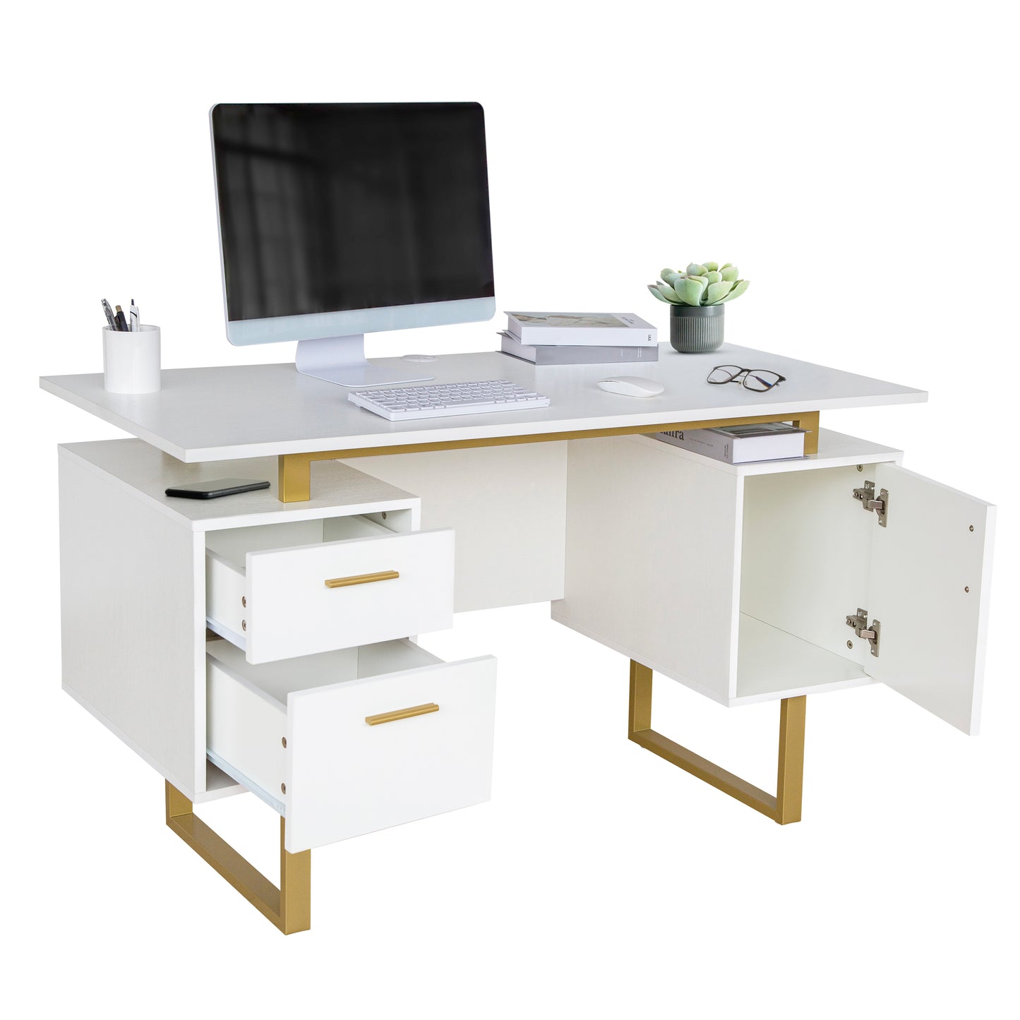 White and Gold Desk with Drawers & Storage, 51.25 Wide