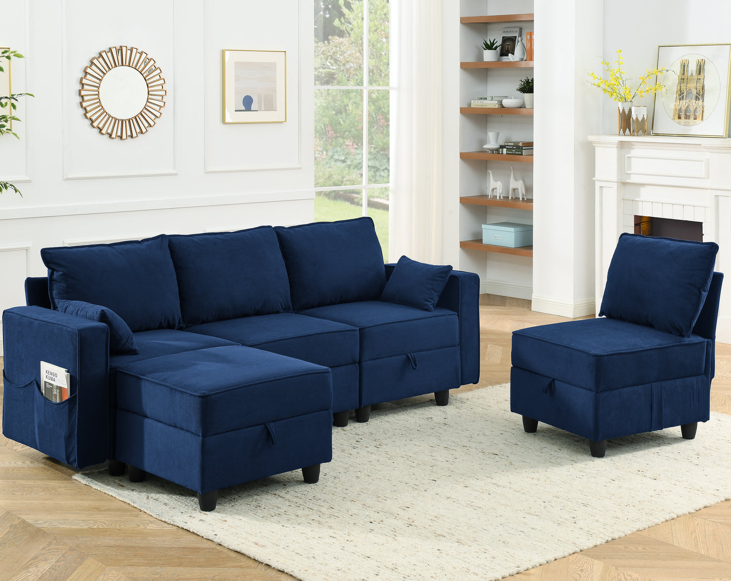 Luxurious Navy Blue Corduroy Velvet Modular Sectional Sofa With Storage Seats