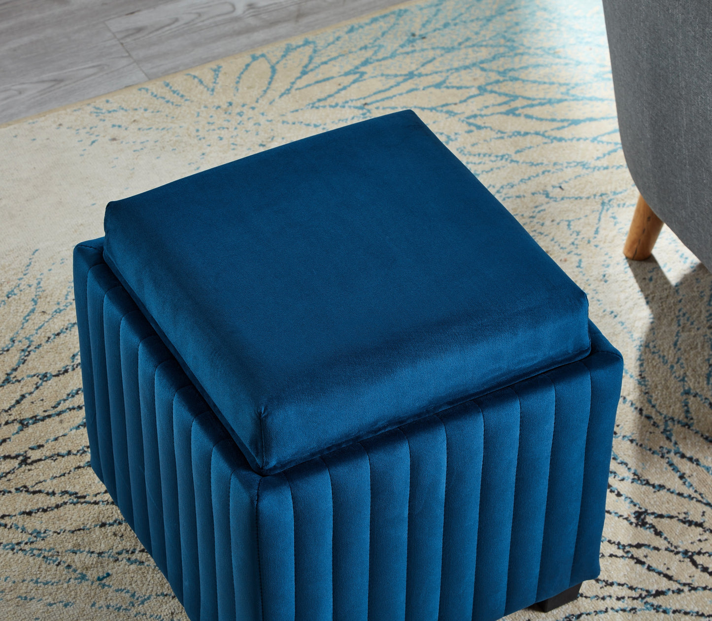 Contemporary Beige Velvet Storage Ottoman Bench with Coffee Tray