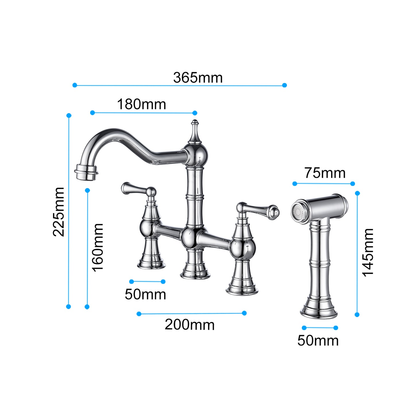 Bridge Dual Handles Kitchen Faucet With Pull-Out Side Spray in