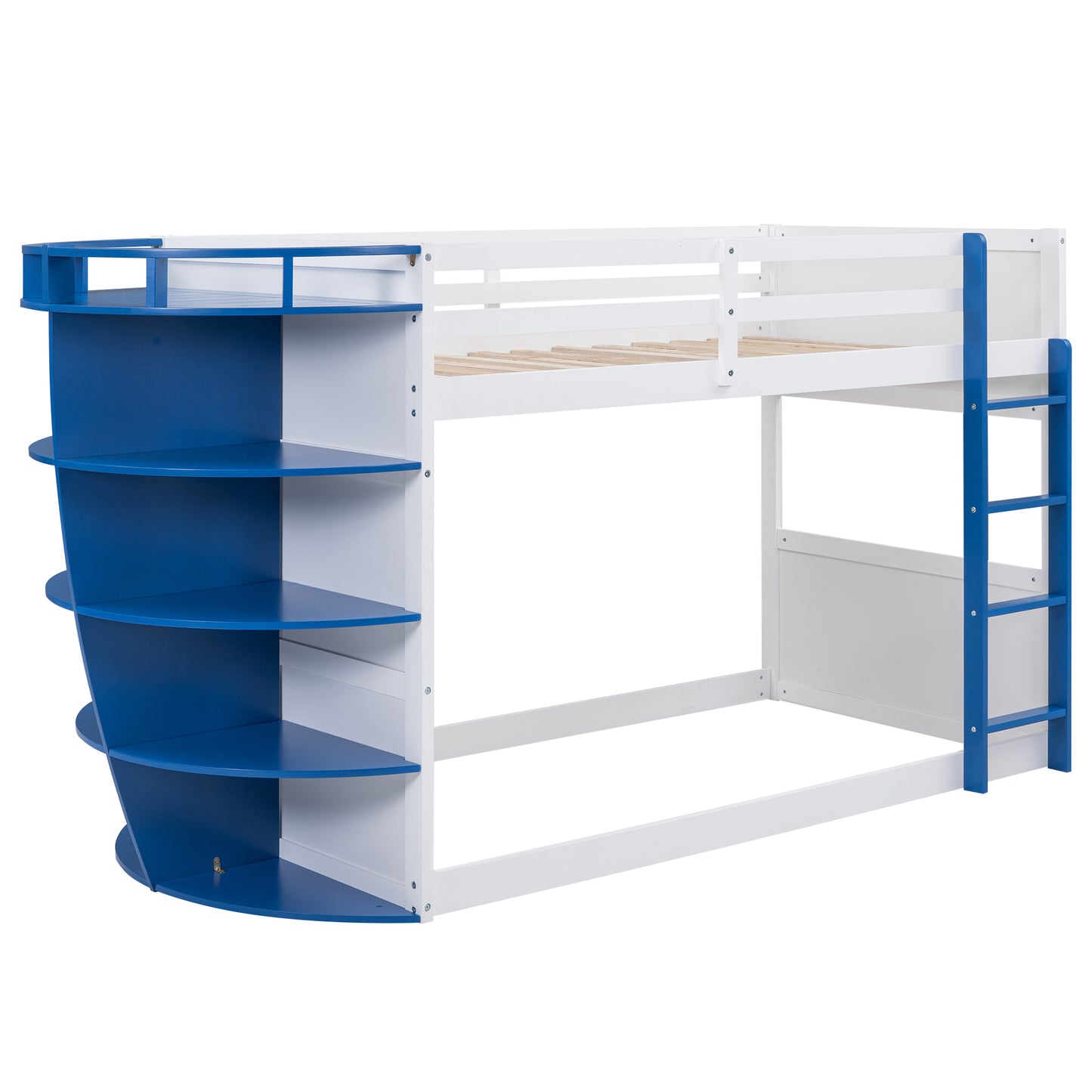 White and Blue Boat-Inspired Twin over Twin Bunk Bed with Storage Shelves