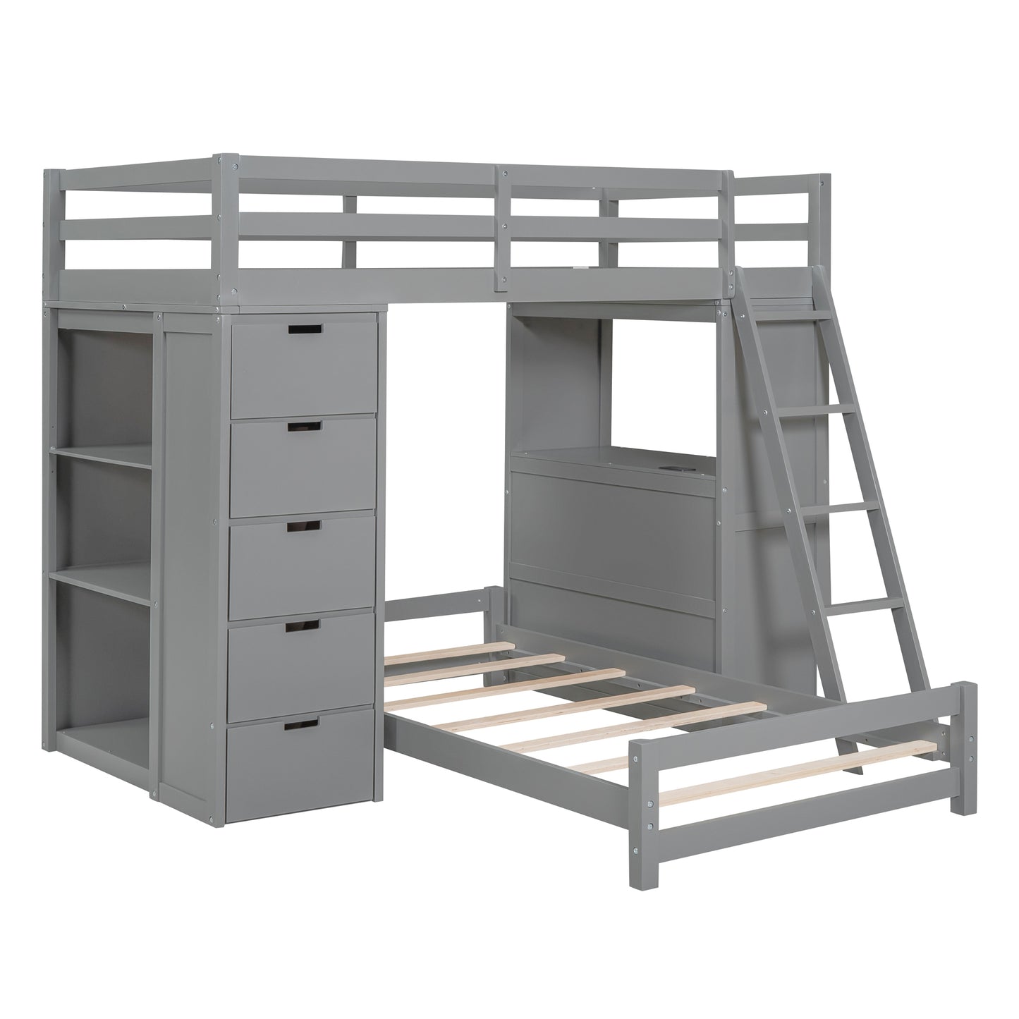 Twin Over Twin Gray Bunk Bed with LED Light, USB Ports, and Storage Space