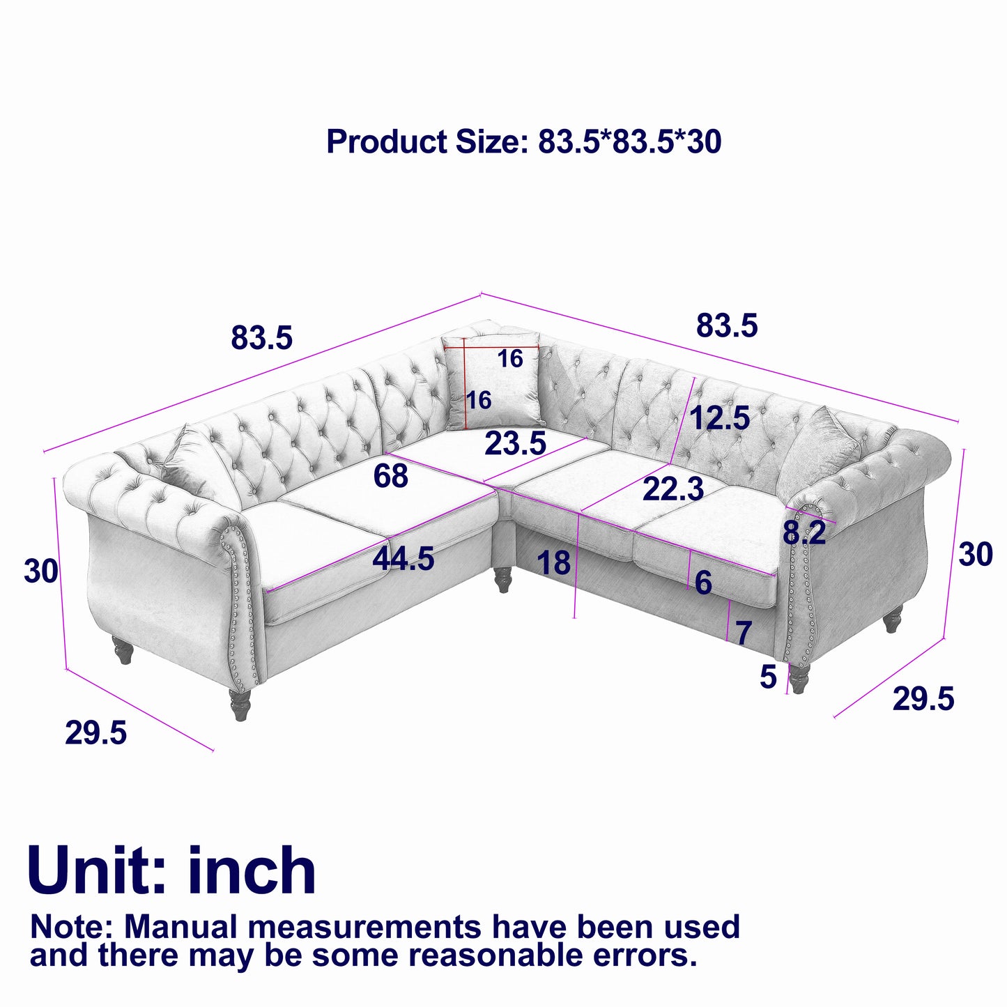 83.5-Inch Streamline Modern Corner Sofa with 3 Pillows