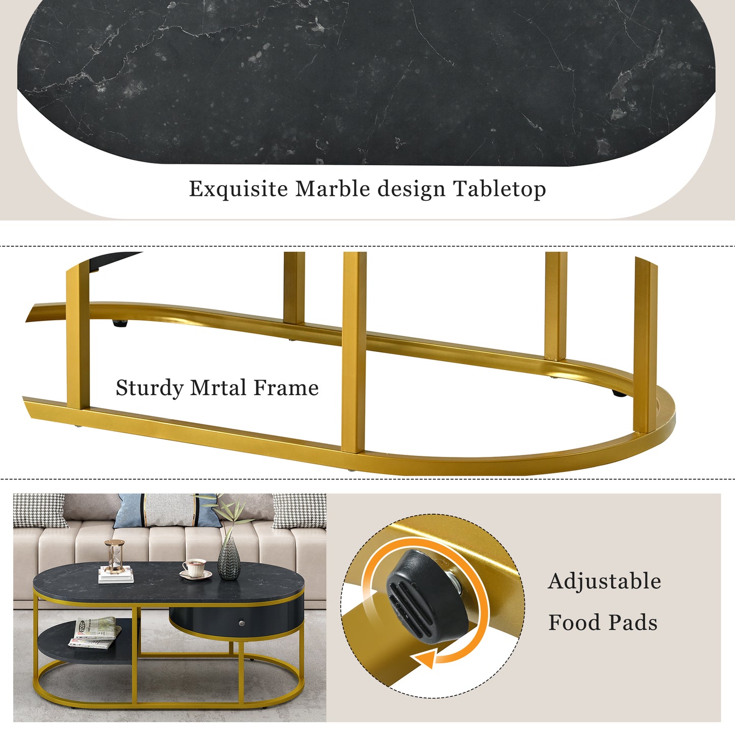 Golden Marble Coffee Table with Metal Frame, Drawers & Shelves for Living Room