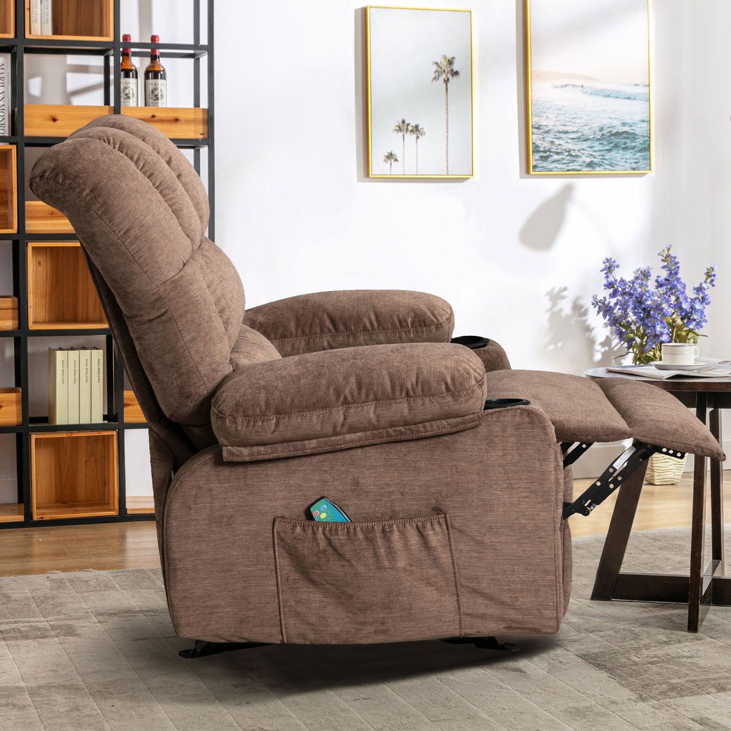 Massage and Heating Brown Recliner Chair with USB and Cup Holders