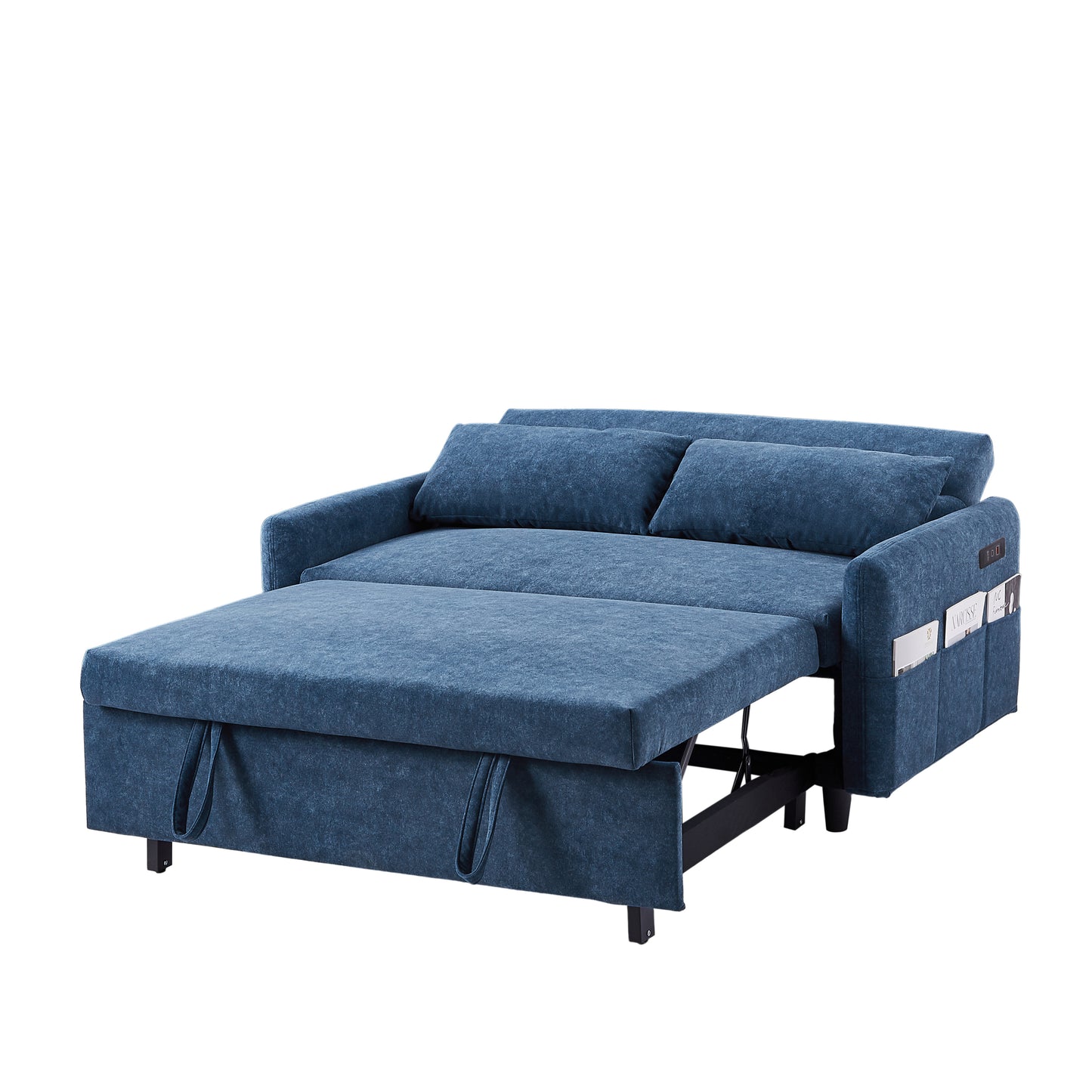 55.1 Blue Pull Out Sleeper Loveseat Sofa Bed with Adjustable Backrest and USB Ports