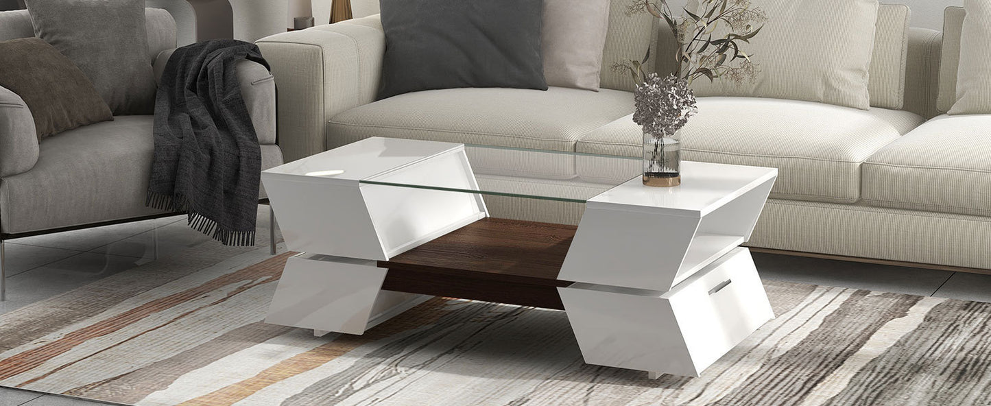 6mm Glass-Top White Coffee Table with Open Shelves and Cabinets