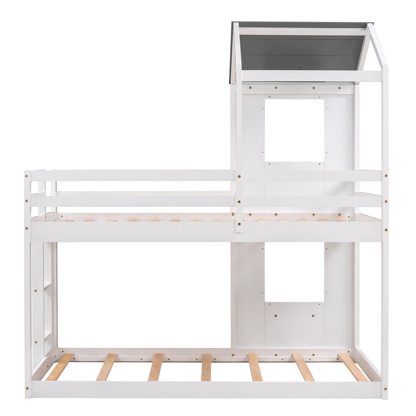 White Wooden Playhouse Bunk Bed with Roof and Guardrail