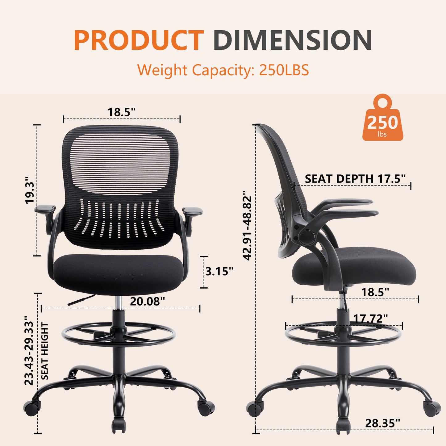 Sweetcrispy Drafting Tall Office Chair Ergonomic High Desk Chair with Flip-up Armrests