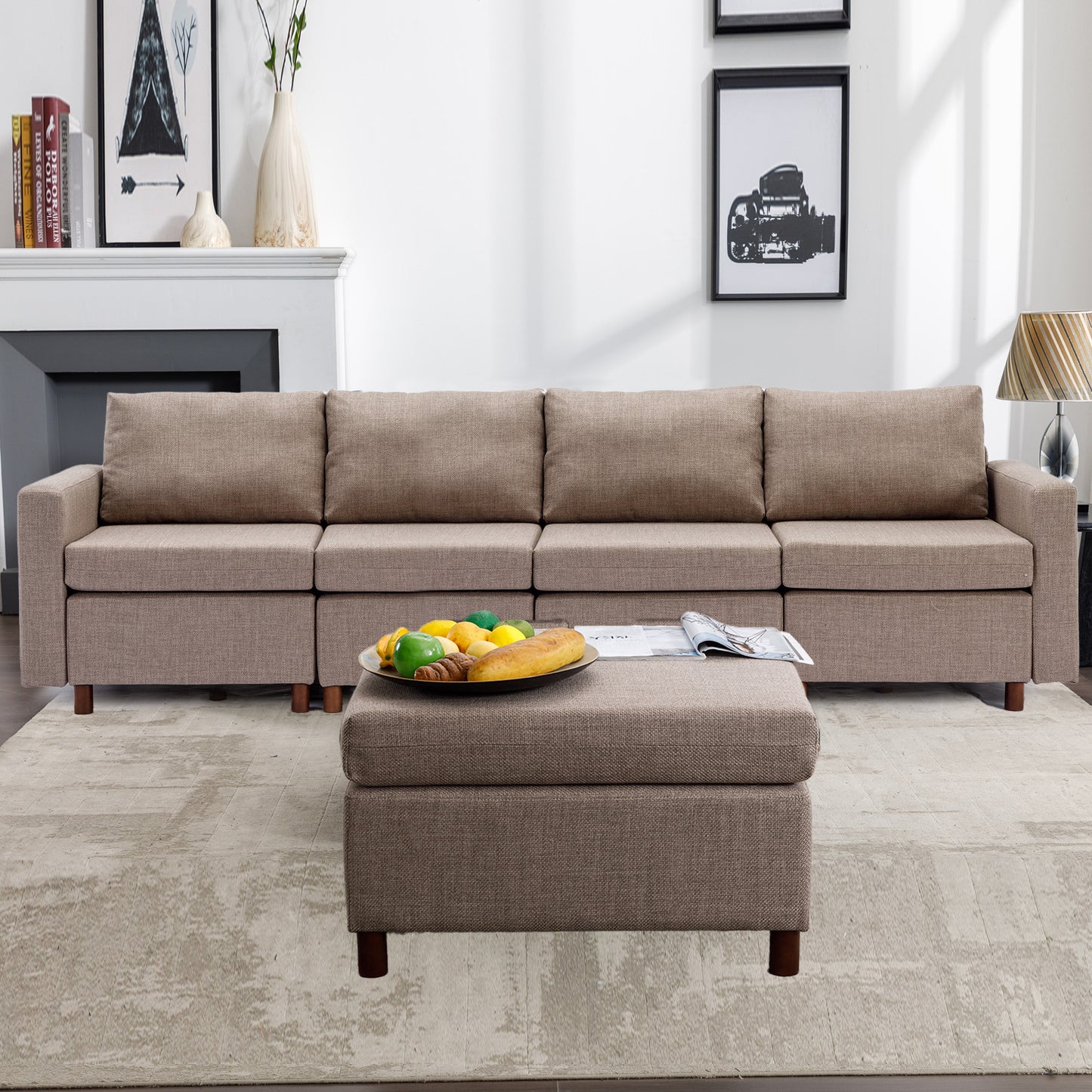 4 Seat Sectional Sofa with Ottoman, Brown Linen, Sturdy Wood Frame, High-Density Sponge Padding