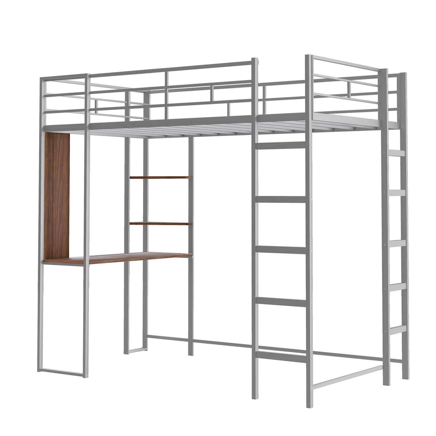 Twin Metal Loft Bed with 2 Shelves and one Desk ,Silver(: MF281206AAN)