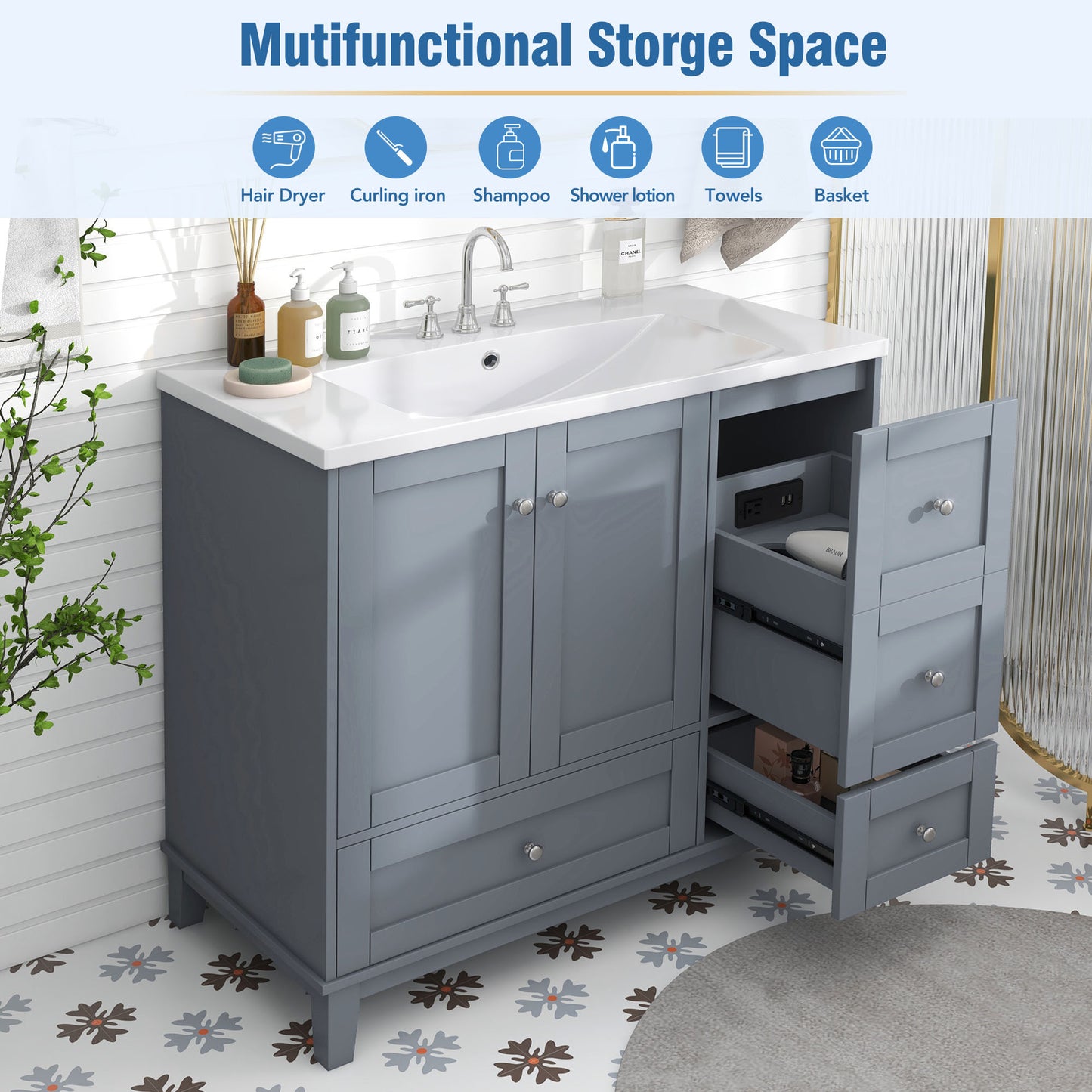 36 Inch Modern Bathroom Vanity with USB Charging, Two Doors and Three Drawers Bathroom Storage Vanity Cabinet with single top, Small Bathroom Vanity cabinet with sink , White & Gray Blue - Faucets Not