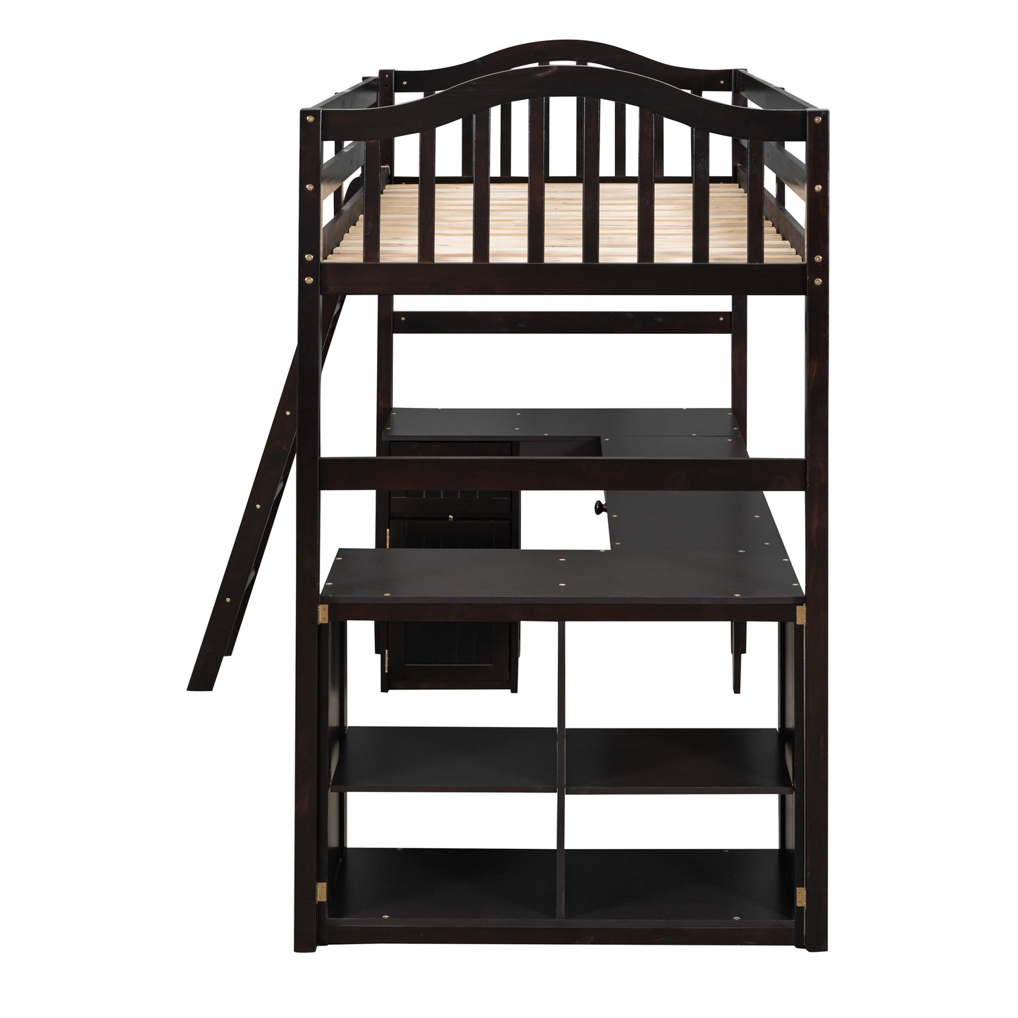 Twin size Loft Bed with Drawers, Cabinet, Shelves and Desk, Wooden Loft Bed with Desk - Espresso( :LT000505AAP)