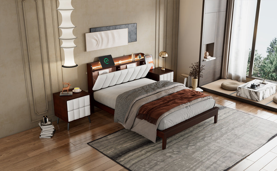 Full size Platform Bed with USB Charging Station and Storage Upholstered Headboard,LED Bed Frame,No Box Spring Needed,Walnut+Beige