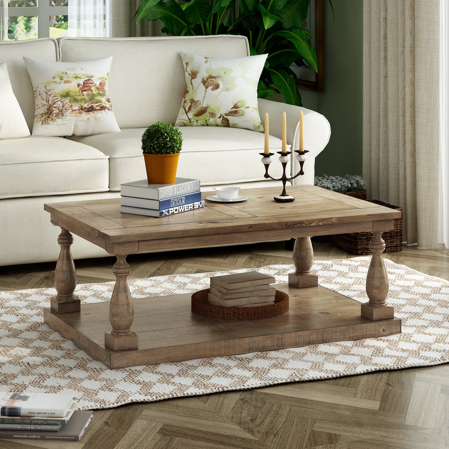 Rustic Pine Wood Coffee Table with Lower Storage Shelf and Carved Pillar Details