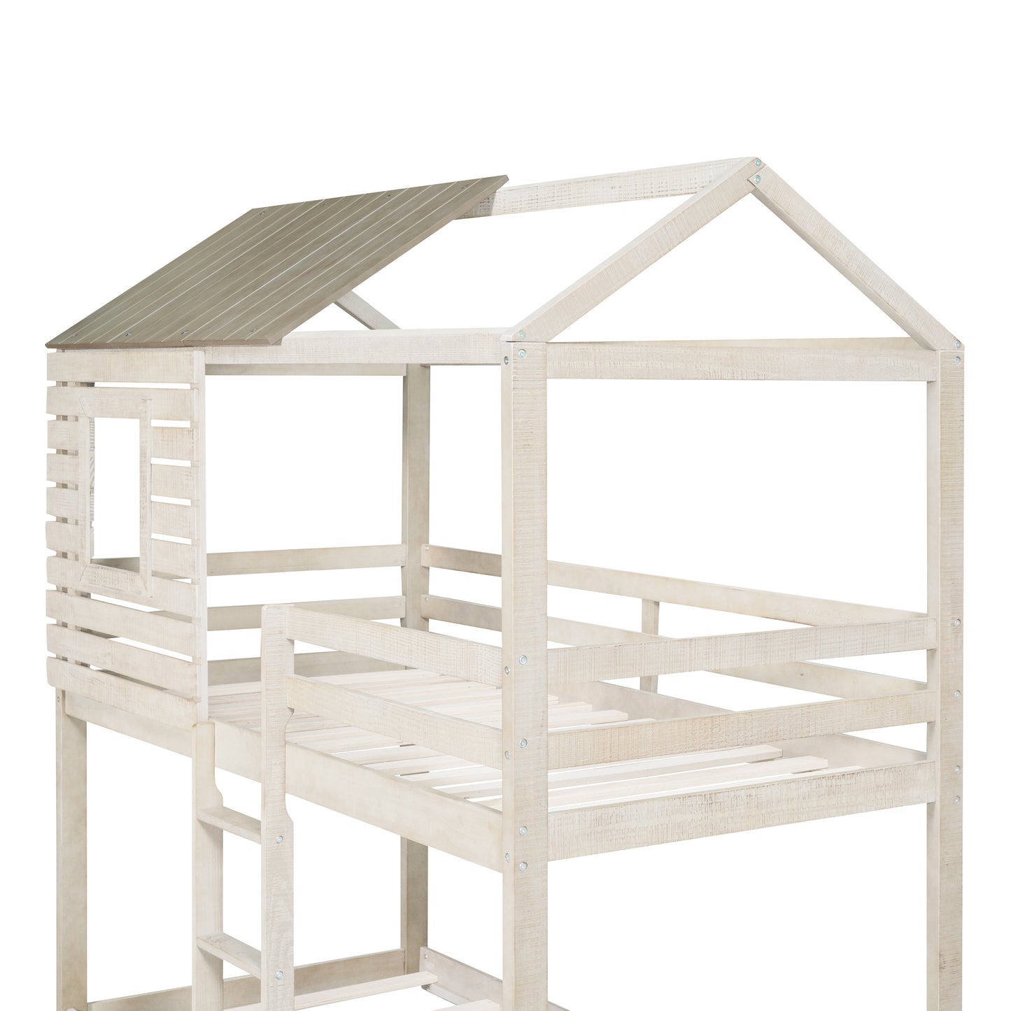 Roofed Wooden Playhouse-Inspired Twin Over Twin Bunk Bed with Window and Guardrail (Antique White)