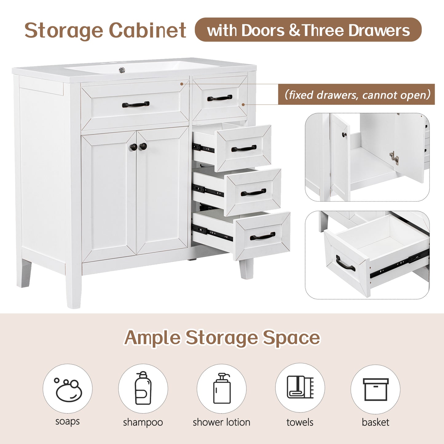 36" Bathroom Vanity without Sink, Cabinet Base Only, Bathroom Cabinet with Drawers, Solid Frame and MDF Board, White