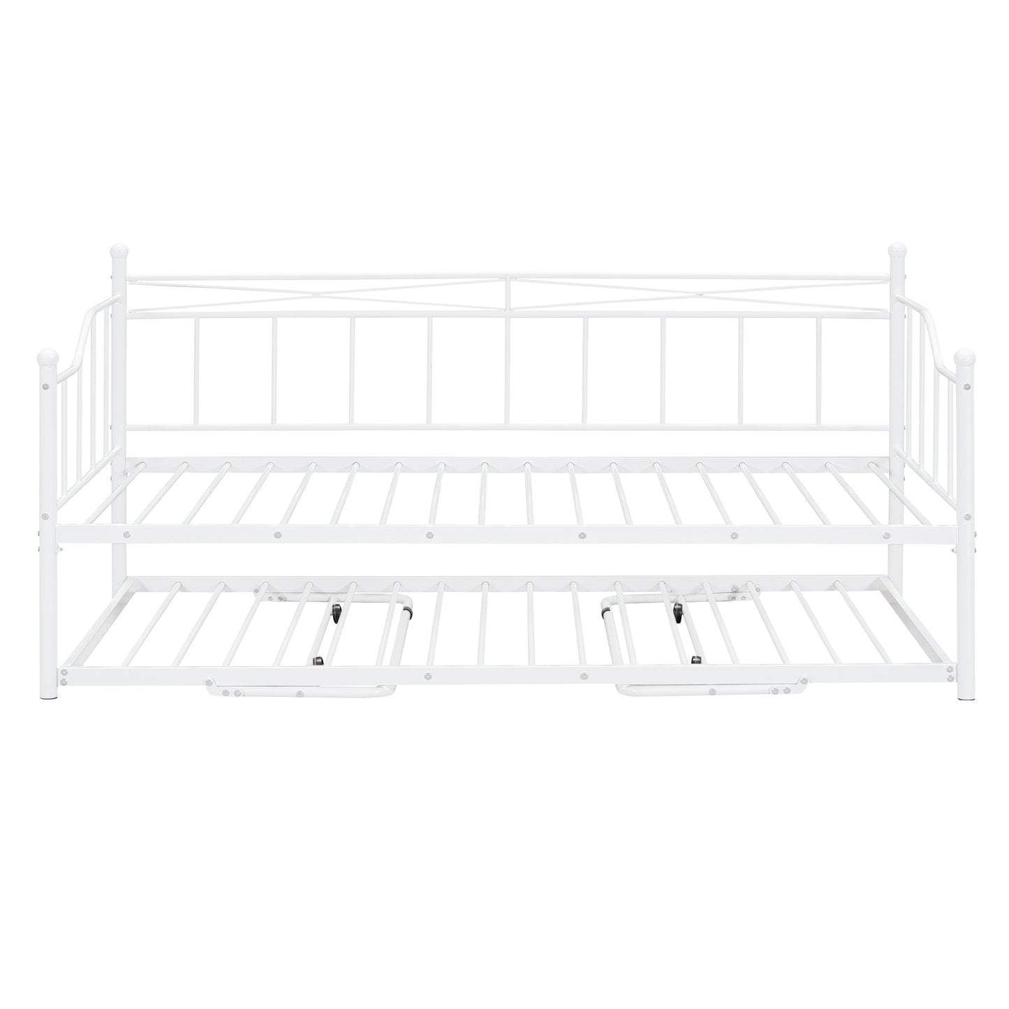 Twin Size Metal Daybed with Twin Size Adjustable Trundle, Portable Folding Trundle, White