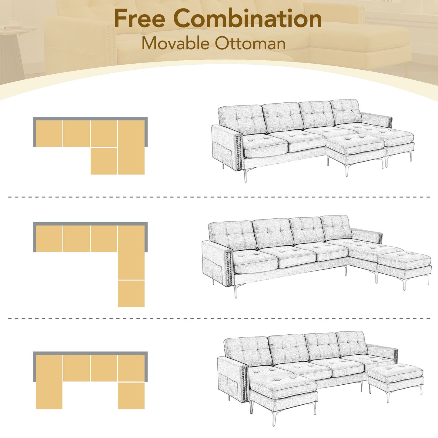 Convertible Yellow L-Shape Sectional Sofa with Ottoman for Living Room
