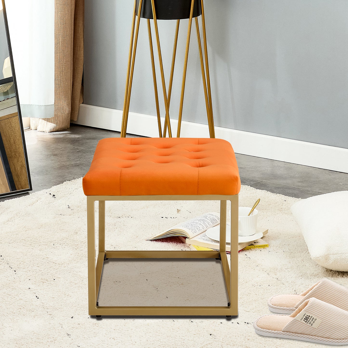 Chair Velvet Shoe Changing Stool, Orange Footstool, Square Vanity Chair, Sofa stool,Makup Stool .Vanity Seat ,Rest stool. Piano Bench .Suitable for Clothes Shop,Living RoomST-001-OR